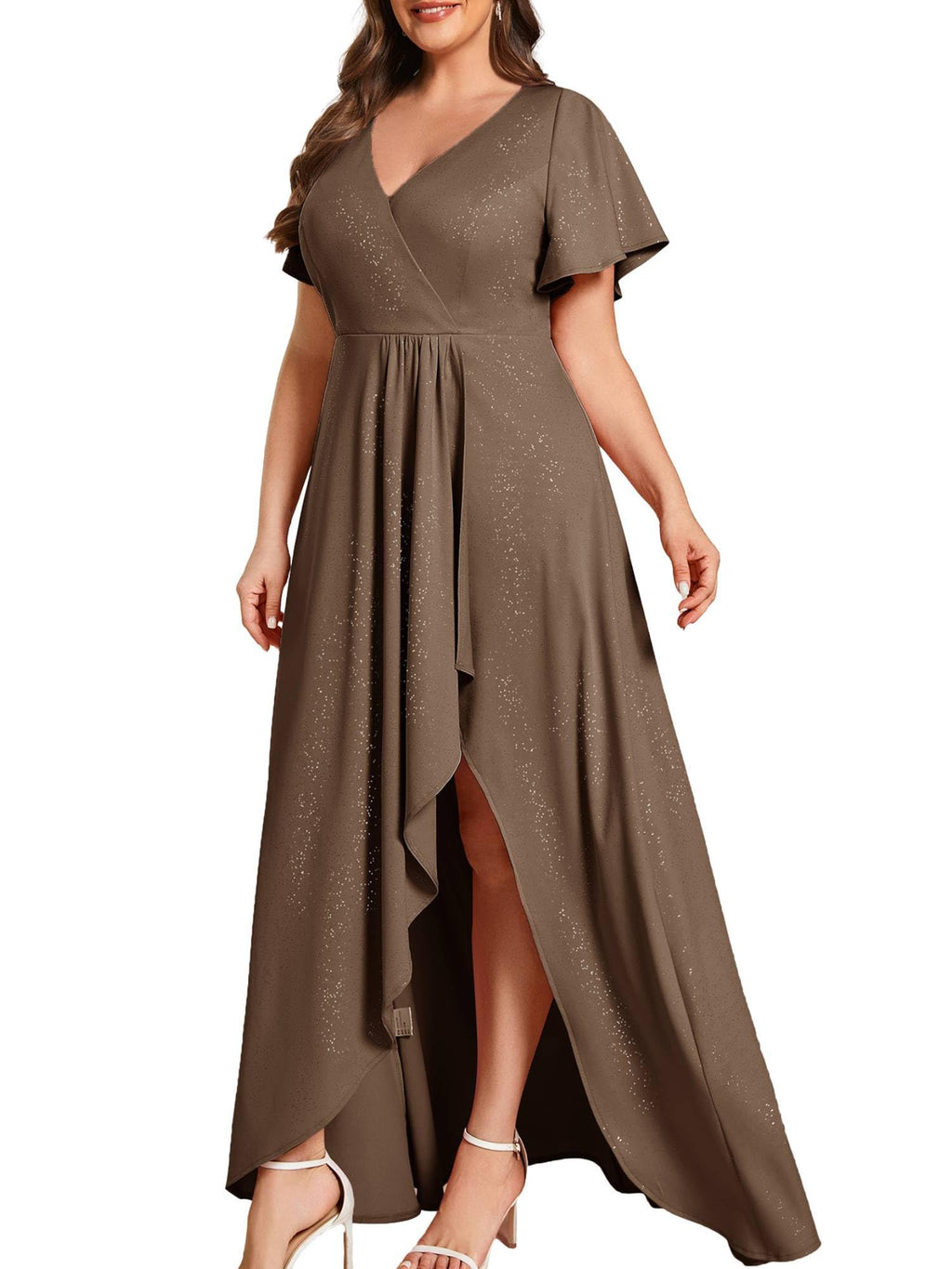 Ever-Pretty Glitter Formal Dresses for Cuvvy Women Plus Size A-line High Low Wedding Guest Gala Dress with Ruffles Sleeves