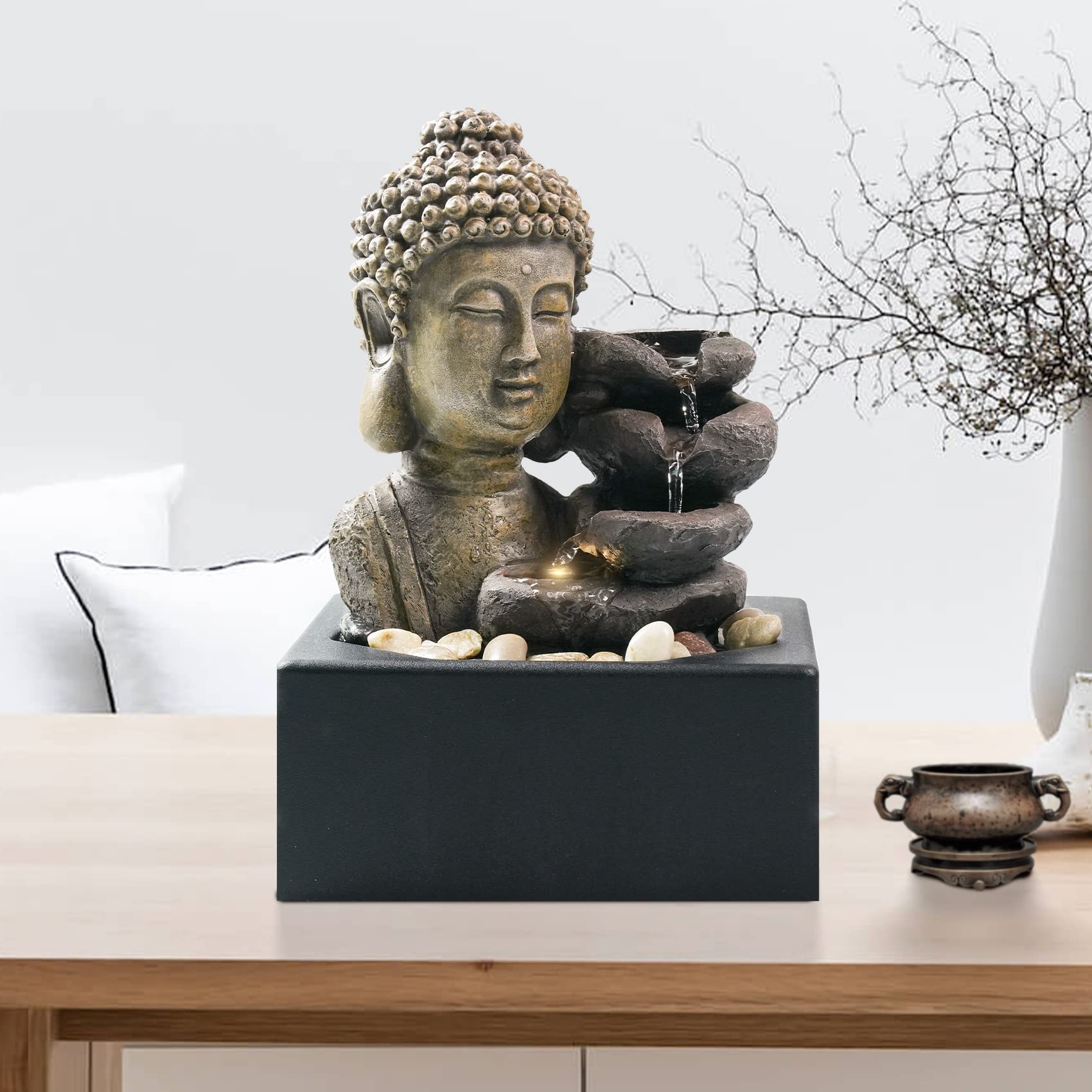 Ferrisland Tabletop Water Fountain, Zen Meditation Indoor Waterfall Fountain, Heart Shape Decoration with LED Light for Home Office Bedroom Relaxation Decor, Gift Ideas