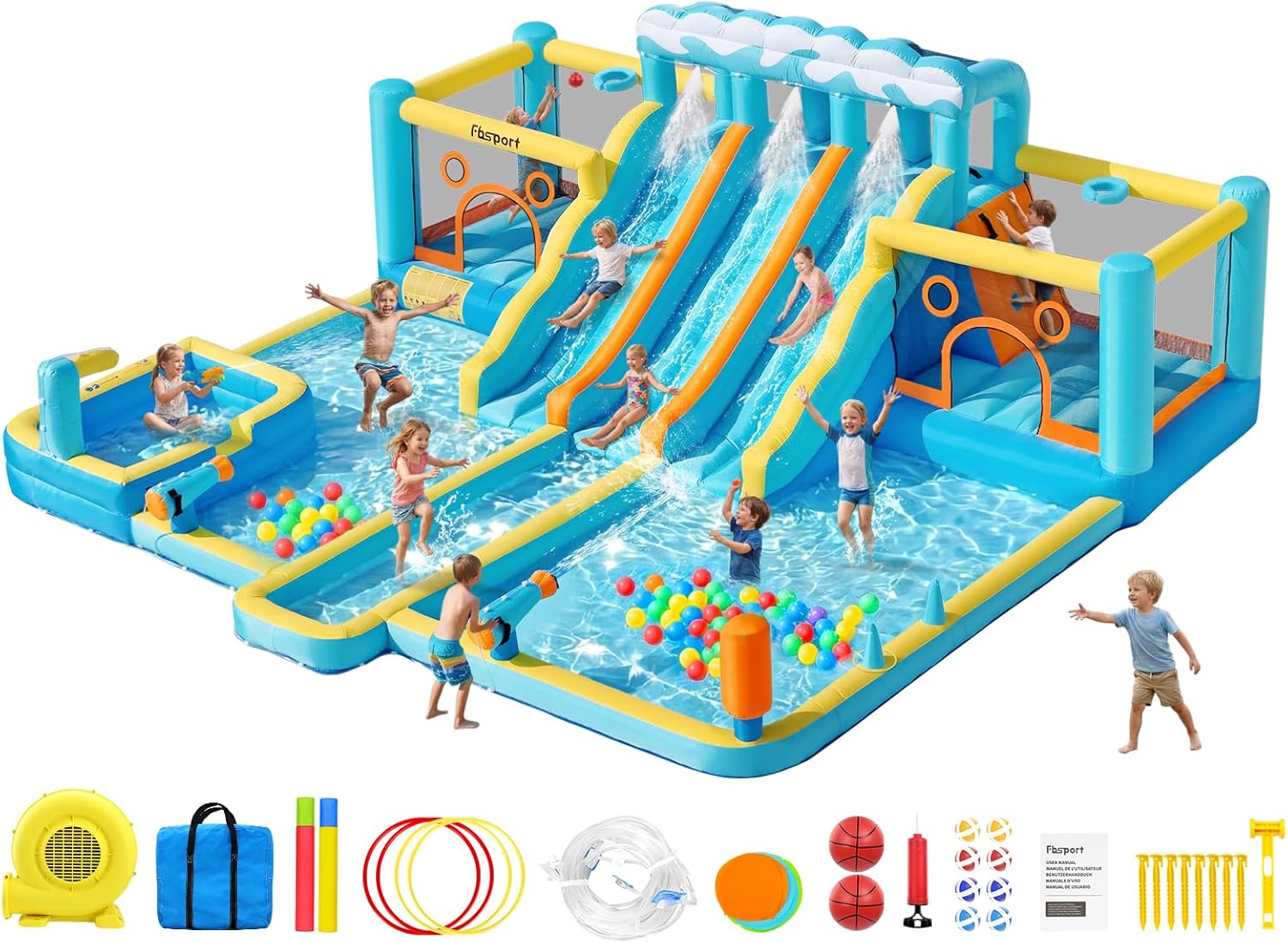 FBSPORT Inflatable Bounce House Water Slide, 3 Slides & 2 Bouncers 10-in-1 Water Slide Park Bounce House with 950W Blower, Bouncy Castle for Kids Backyard Party Outdoor, with Water Gun, Splash Pool