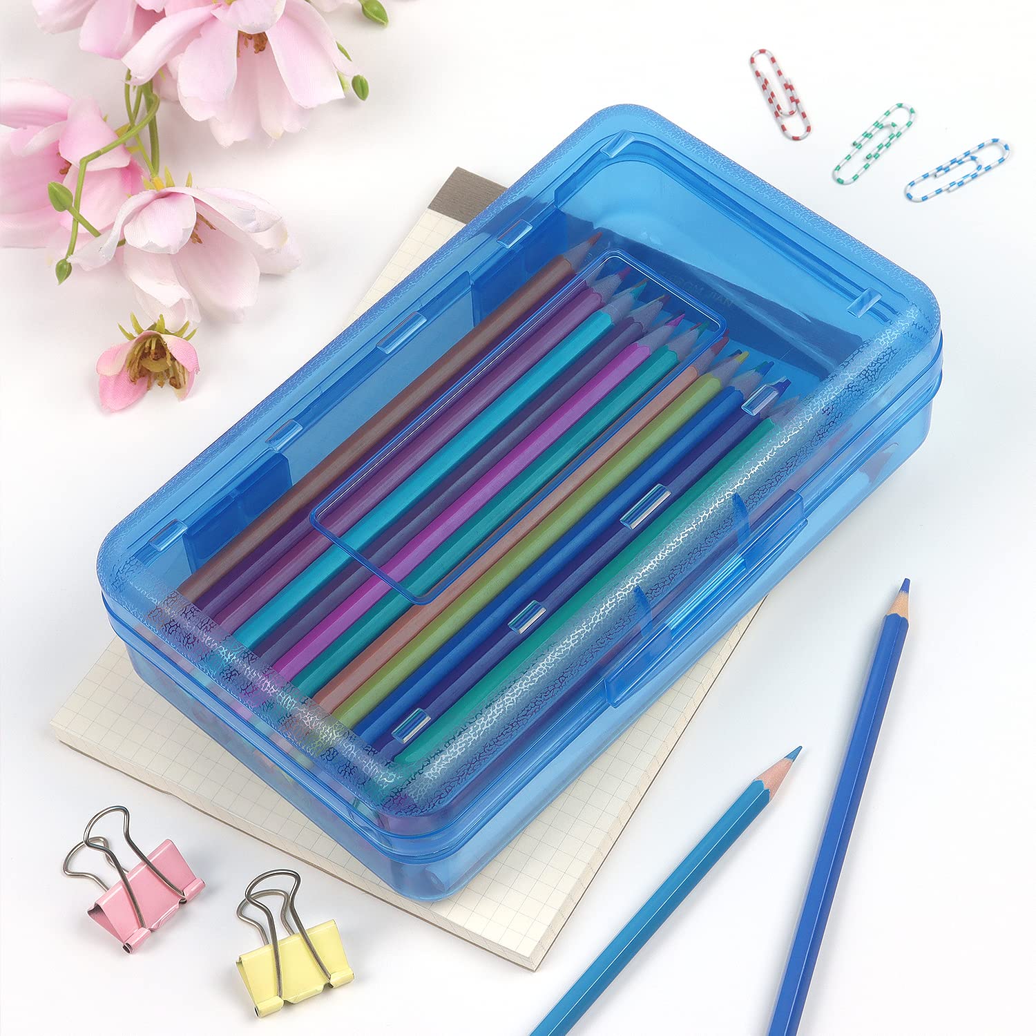 Tamaki 1 Pack Plastic Pencil Box Large Capacity Pencil Boxes Clear Boxes with Snap-tight Lid Stackable Design and Stylish Office Supplies Storage Organizer Box, Black