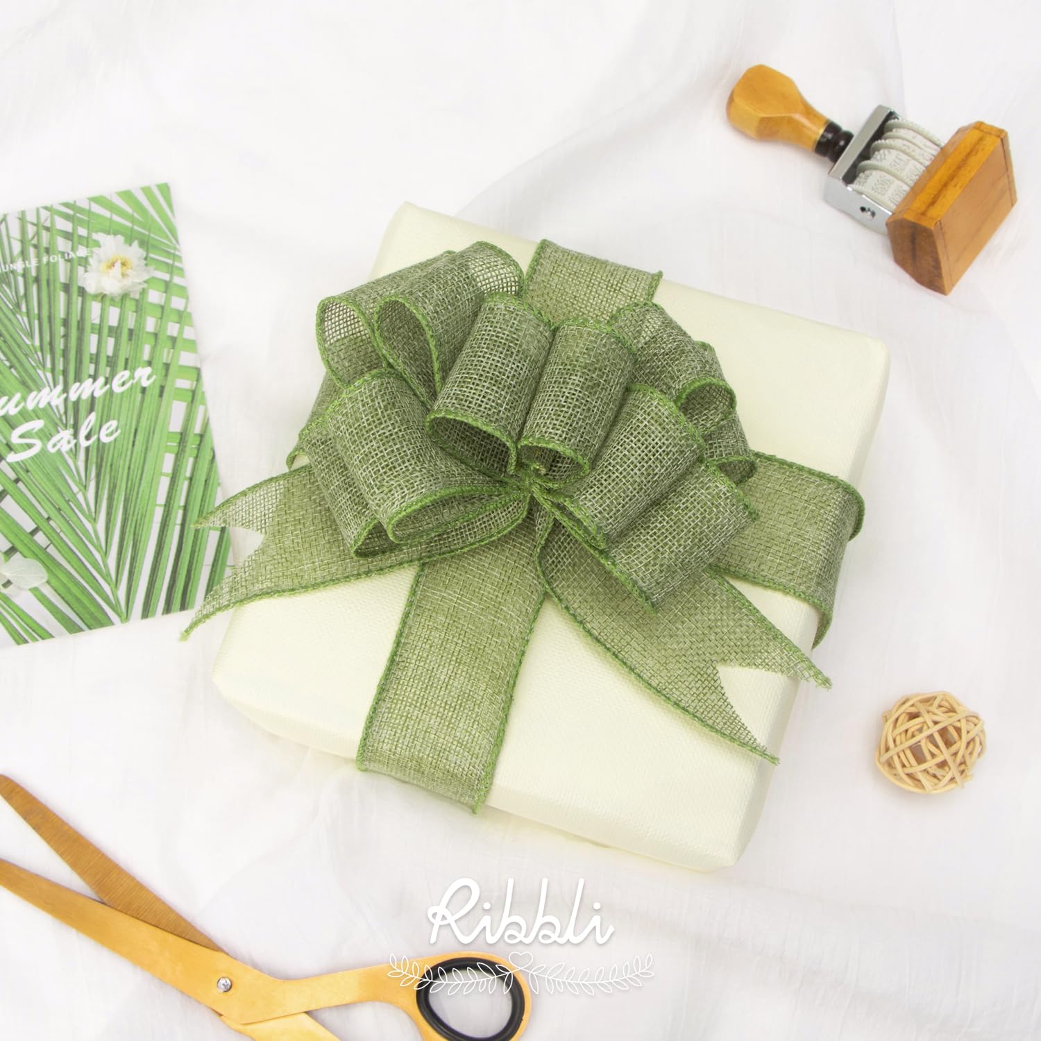 Ribbli Cinta con alambre de arpillera verde manzana, 1-1/2 pulgadas x 10 yardas, cinta con borde con alambre para lazo grande, corona, decoración de árbol, decoración al aire libre