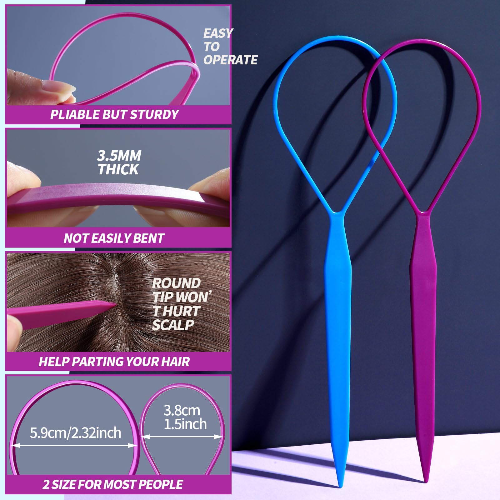 Teenitor 4pcs Pony Hair Tail Tools, 2 Pairs Hair Loop Styling Tool Hair Flipper Pull Through Tool, French Braiding Hair Tool Hair Accessories for Women Girls, Loop Hair Tool, Light Blue/Light Pink
