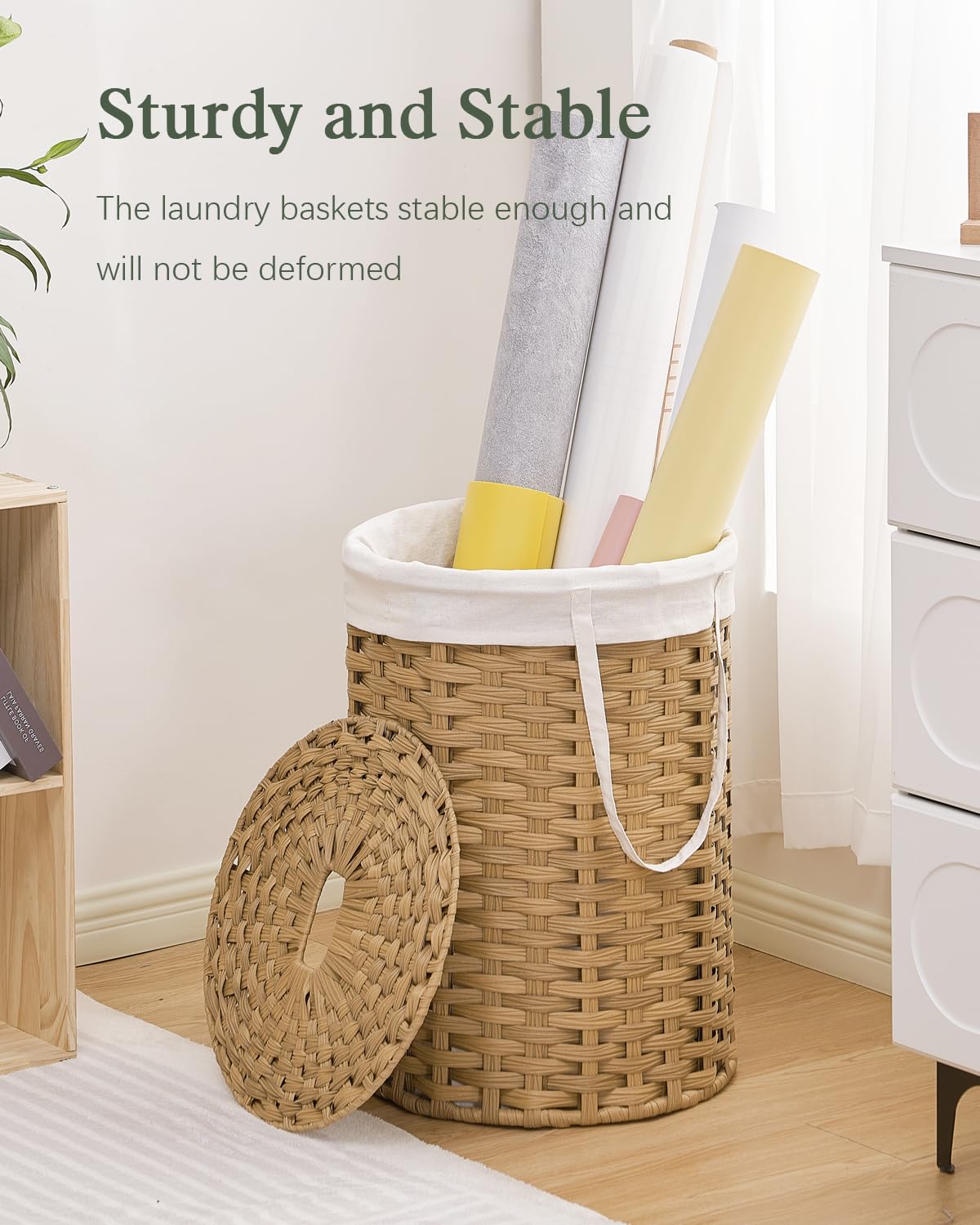 SETVSON Laundry Hamper with Lid Laundry Basket with Lid 19.0 Gal (72 L) Round Wicker Laundry Basket Handwoven Rattan Basket with Lid Removable Bag 2 Mesh Bags Handles for Living Room Bathroom Black