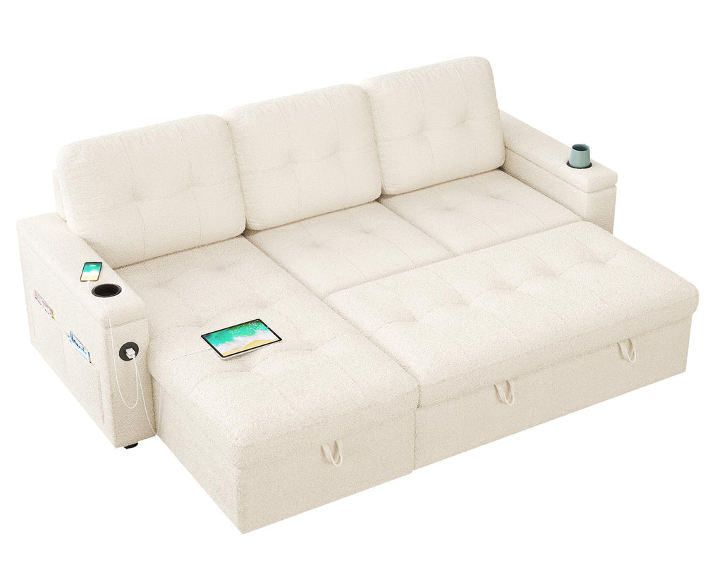 PaPaJet Sofa Bed, Sleeper Sofa with Storage Chaise, L Shaped Sofa with Pull Out Bed, Oversized Sofas for Living Room, Beige