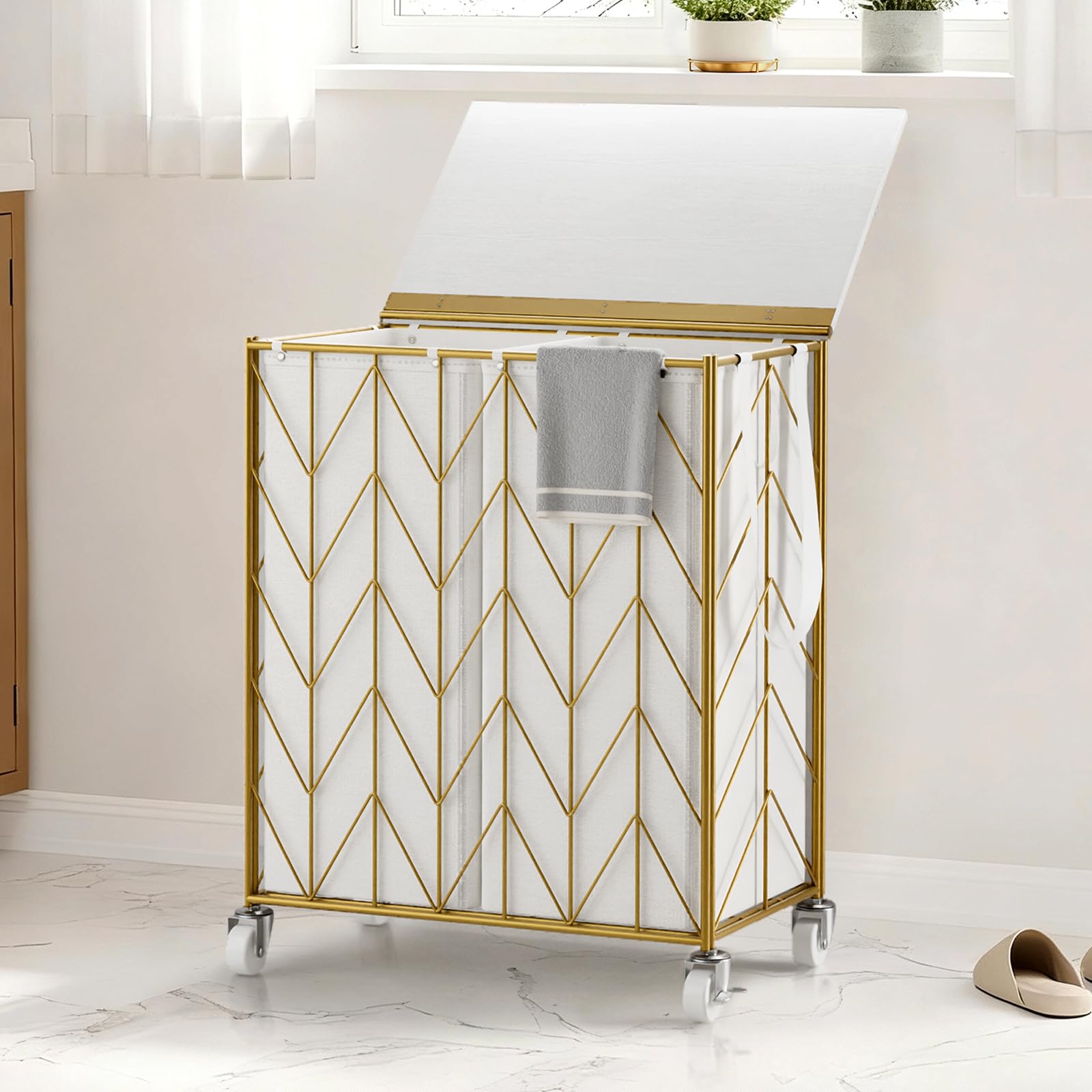 WOWLIVE Laundry Basket with Wheels, Heavy Duty Laundry Hamper with Wood Lid, Clothes Hamper with Divided Removable Liner Bag, Large Capacity Iron-Made Laundry Sorter Laundry Room Organization (Beige)