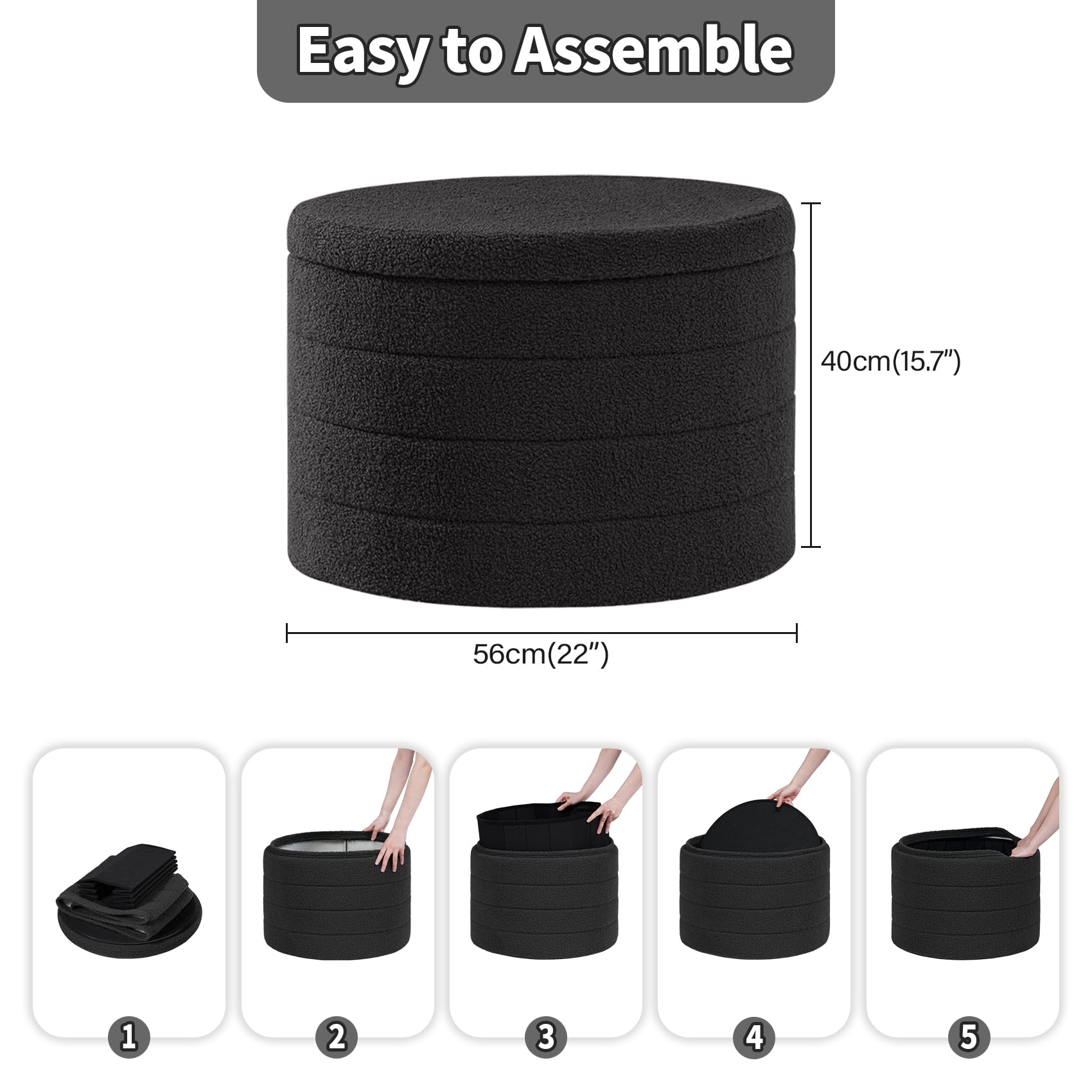 PINPLUS Round Storage Ottoman Foot Rest Stool with Tray Velvet Sherpa Folding Storage Ottoman,Boucle Foot Rest for Living Room, Bedroom, Dorm（Beige）