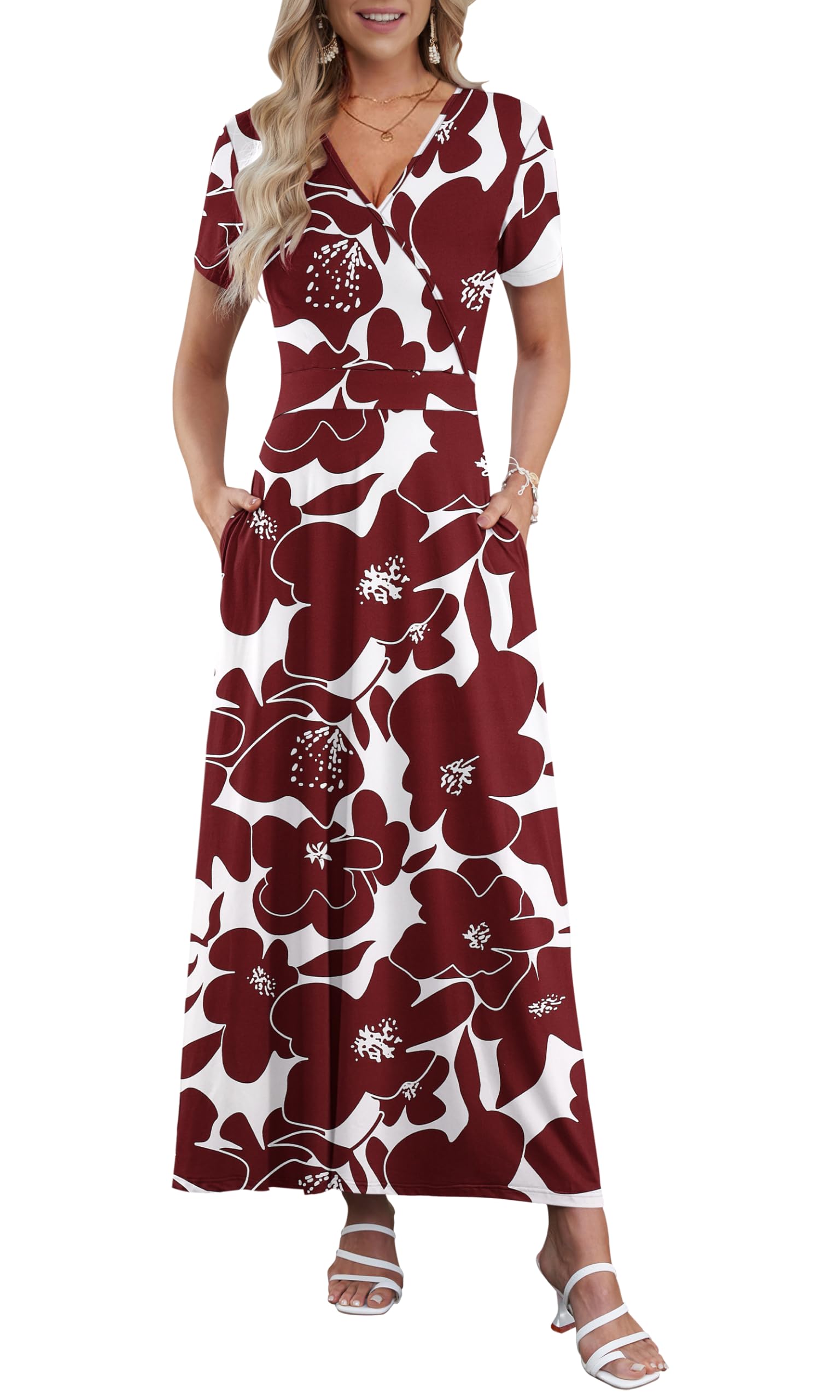 AUSELILY Maxi Dresses for Women Ankle Length Floral Print Beach Long Flowy Dress with Pockets