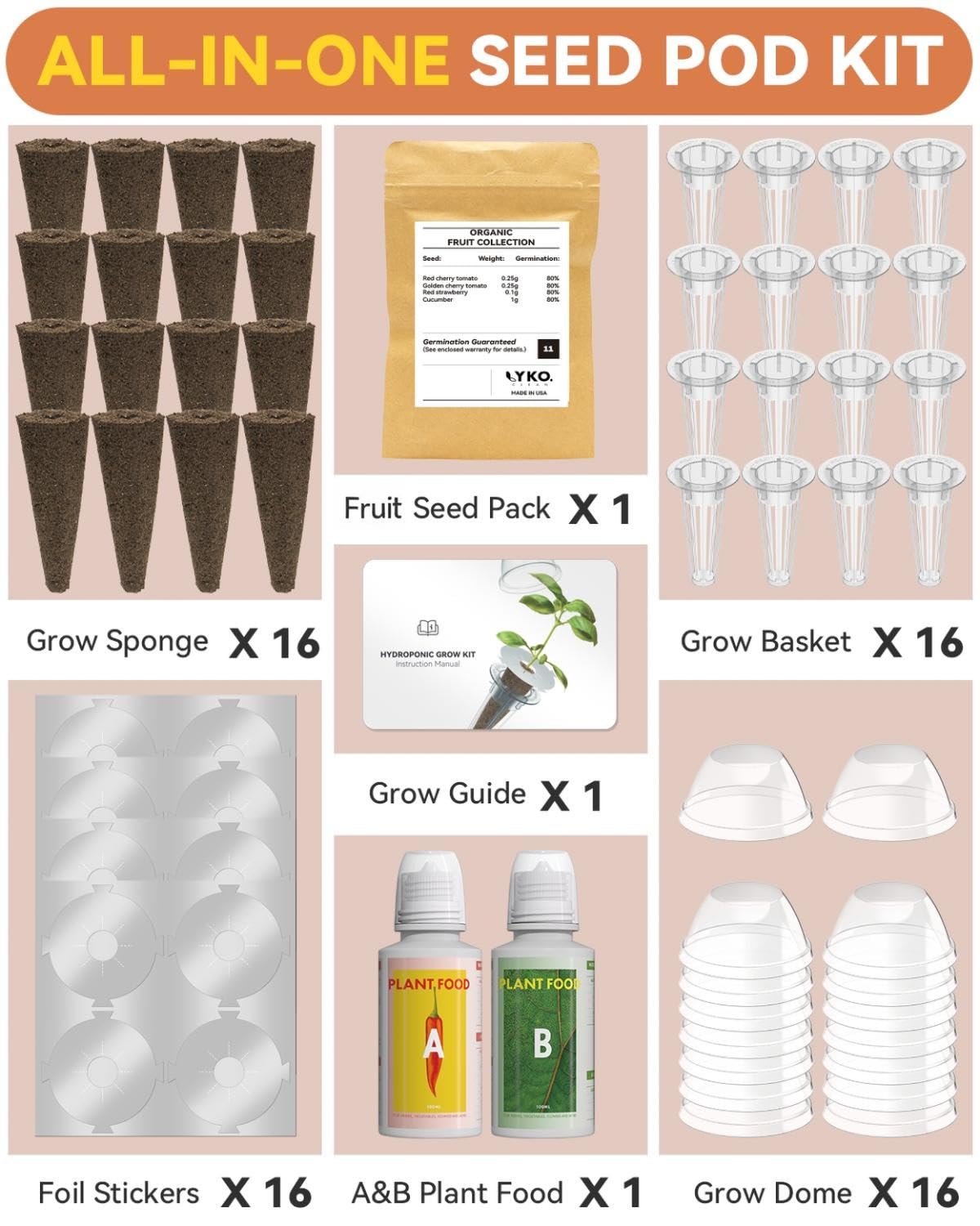 Hydroponics Seed Pod with Genovese Basil & Purple Basil, 8 Pods Complete Kit with Sponge, Basket, Dome, Label, Compatible with AeroGarden, Ahopegarden, GARDENCUBE, iDoo & MUFGA Indoor Smart Gardens