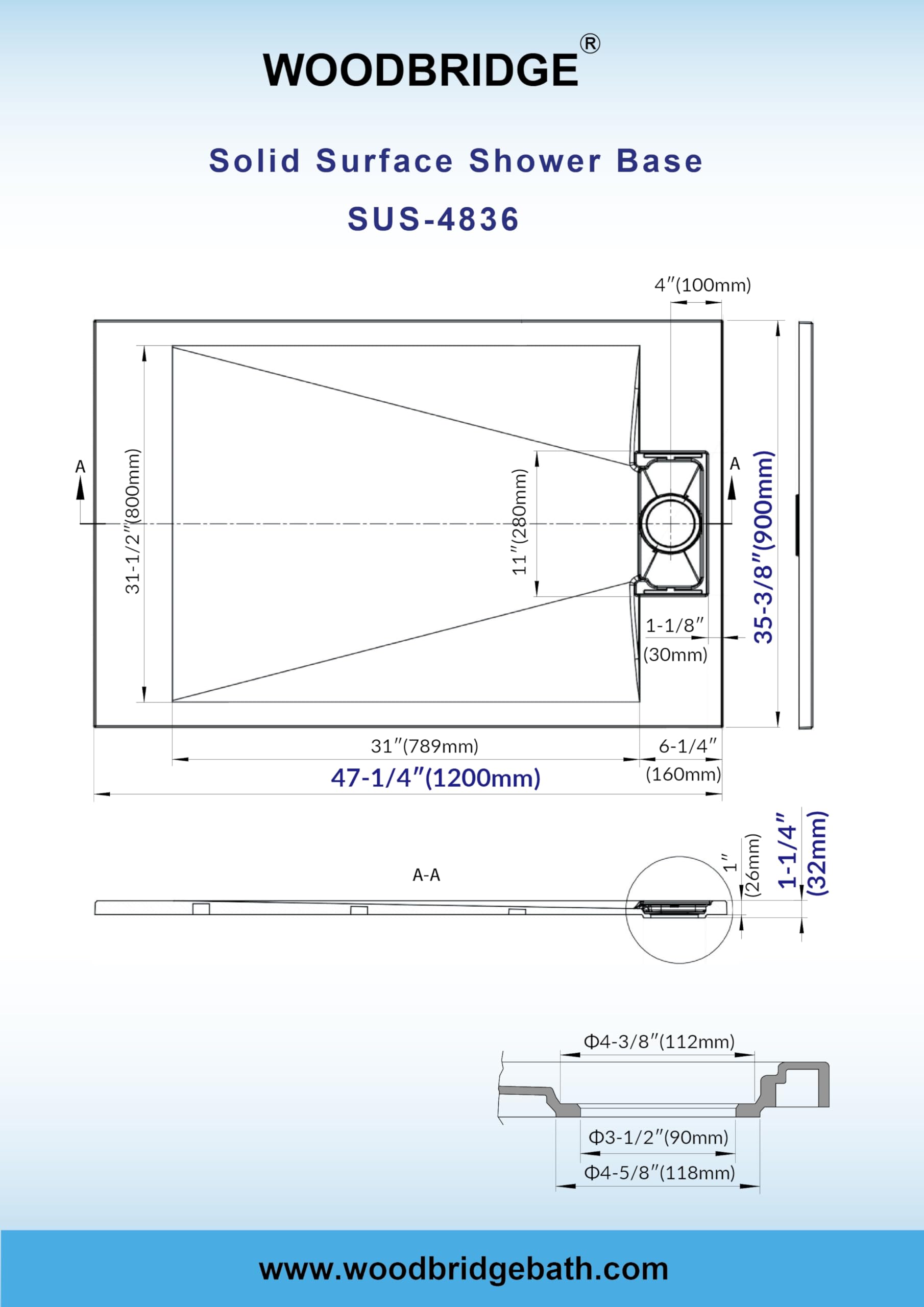 WOODBRIDGE 47.25 in L x 31.5 in W Zero Threshold Shower Base with Center Drain, Decorative Drain Plate, Tile Flange, Wheelchair Access, Low Profile, Black