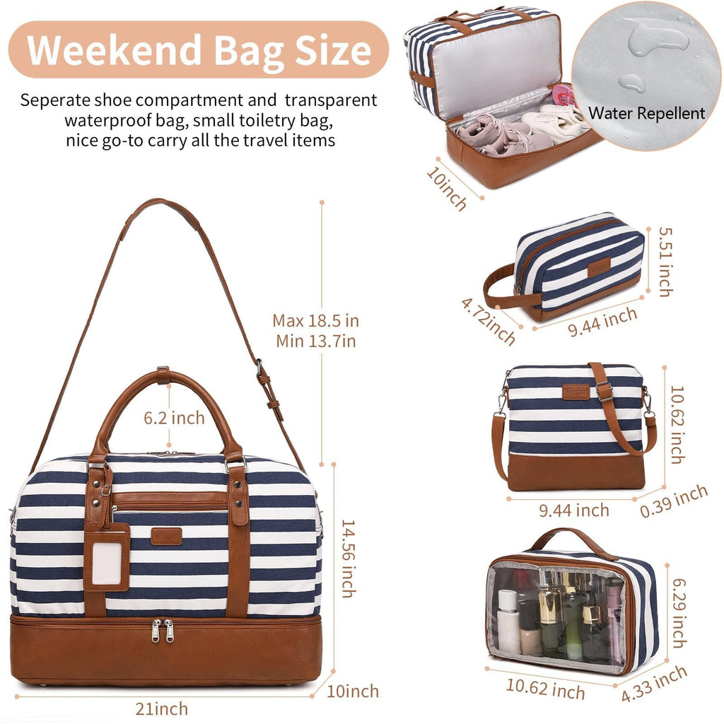 Wogarl 4PCS Weekender Bags for Women Large Overnight Weekend Travel Duffel Carry on Shoulder with Shoe Compartment Canvas Toiletry Bag for Travel Business Gym