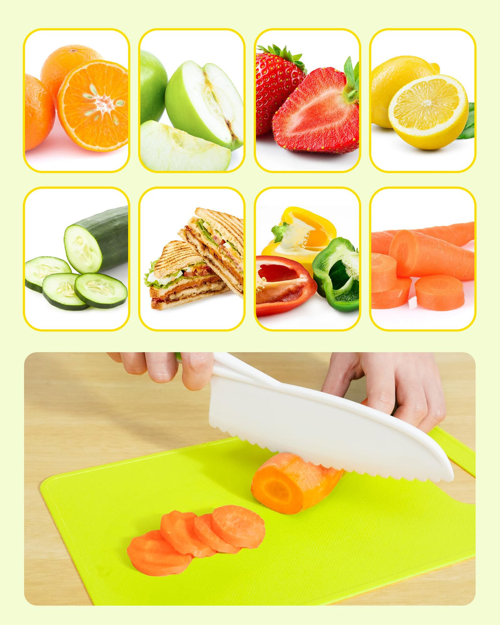 Kids Knife Set, 5 Pcs Montessori Kitchen Tools for Toddlers' Real Cooking for 3+, BPA Free Kids Safe Kitchen Cooking and Baking Set with Peeler, Cutting Board for Sandwich Bread Vegetable Fruit Gift