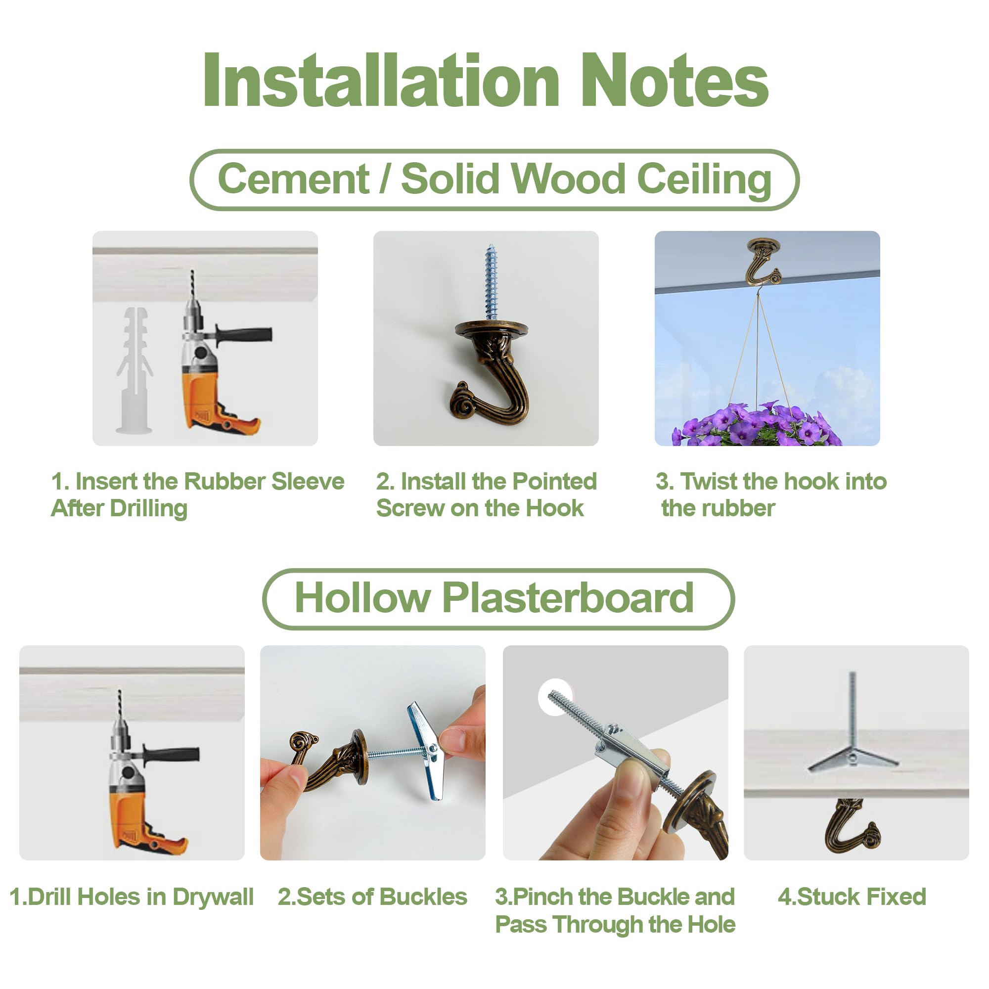 Aidoclip Ceiling Swag Hook Sets - Heavy Duty Hooks with Mounting Hardware for Hanging Plant, Ceiling or Extender Chains - Easy Install with Screws/Brackets (10 pcs - Black)