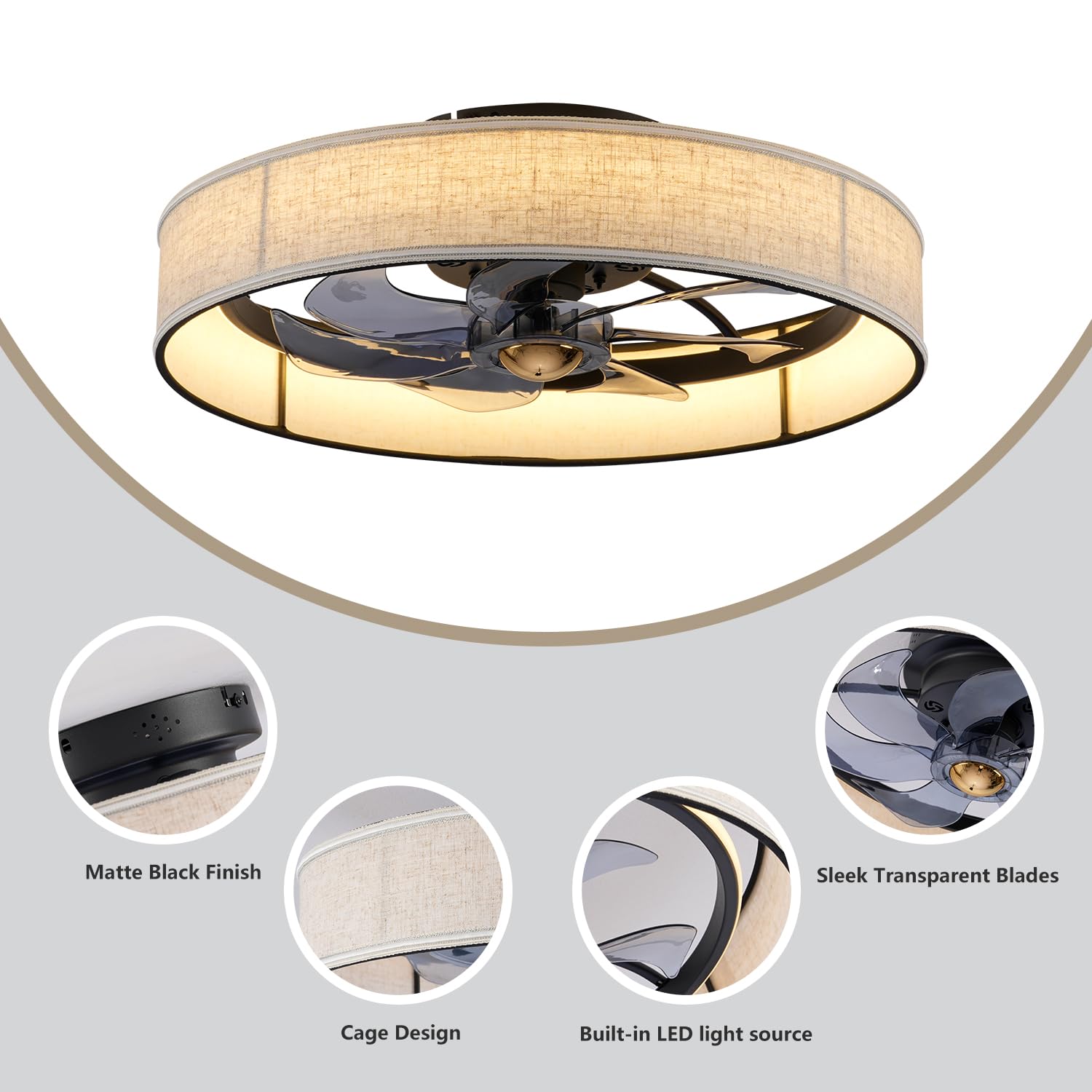 20" Boho Rattan Caged Ceiling Fan with Light,Low Profile Flush Mount Bladeless Ceiling Fan with Remote Control, 6 Speeds Reversible Silent Motor, Farmhouse Fabric Fandalier for Bedroom,Living Room