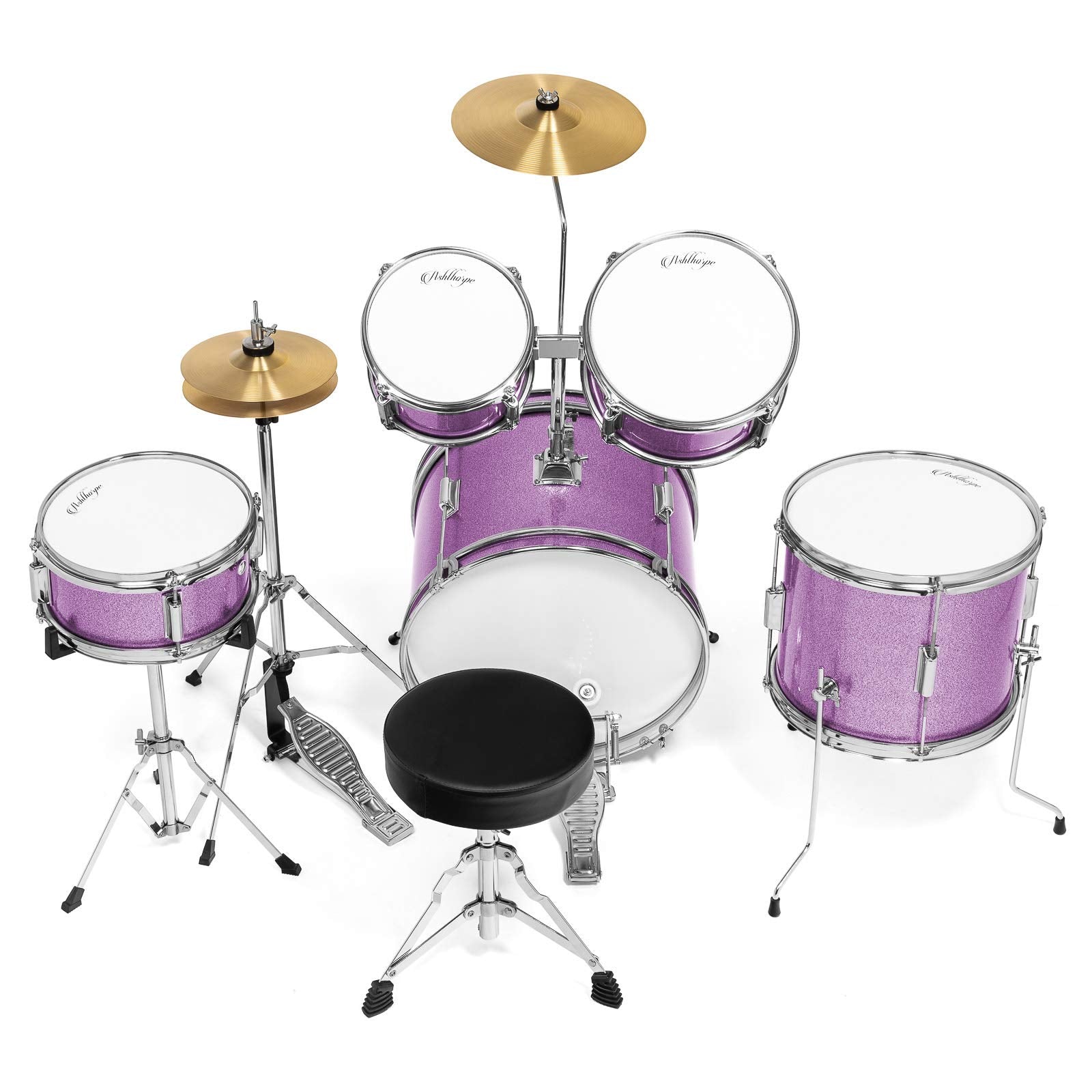 Ashthorpe 5-Piece Complete Kids Drum Set with Genuine Brass Cymbals - Junior Beginner Kit with 16" Bass, Throne, Hi-Hats, Pedals & Drumsticks - Black