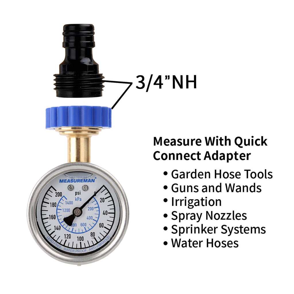 MEASUREMAN 2" Water Pressure Test Gauge, 3/4" Female Hose Thread, 0-200 psi/kpa with Maximum Pressure Memory (Pack of 2)