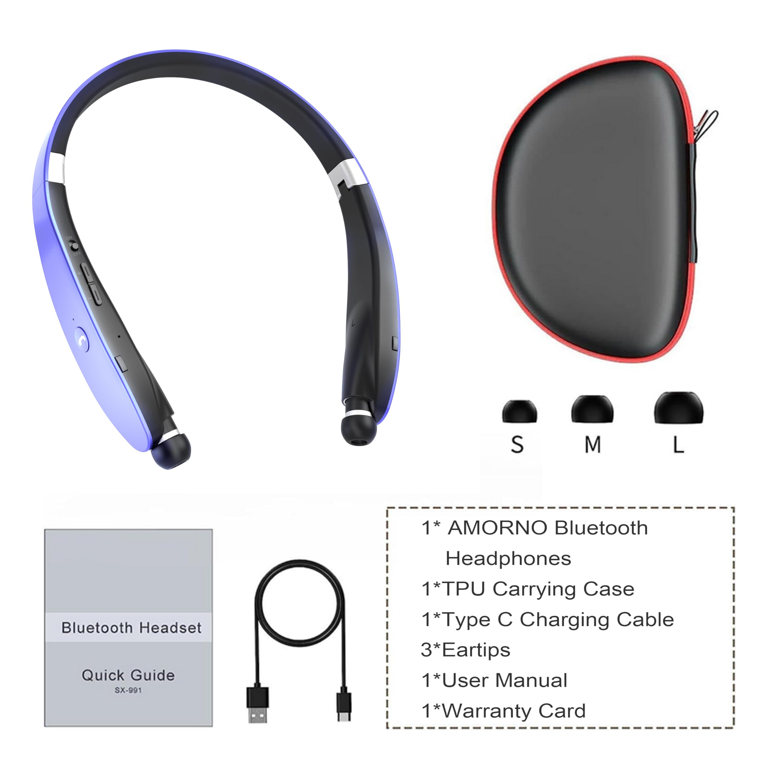 AMORNO Foldable Bluetooth Headphones Wireless Neckband Headset with Retractable Earbuds, Sports Sweatproof Noise Cancelling Stereo Earphones with Mic