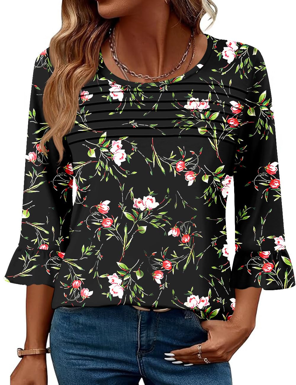 Blingfit Womens Tops 3/4 Length Sleeve Dressy Casual Shirts Bell Sleeve Front Pleated Fasion Trendy Summer Blouses 2026