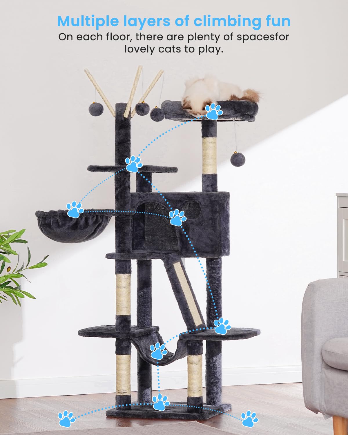 Hey-brother Cat Tree, 53 inch Cat Tower for Indoor Cats, Cat House with Padded Platform Bed, Toy Balls, Large Cozy Condo, Hammocks and Sisal Scratching Posts, Beige MPJ019-SM