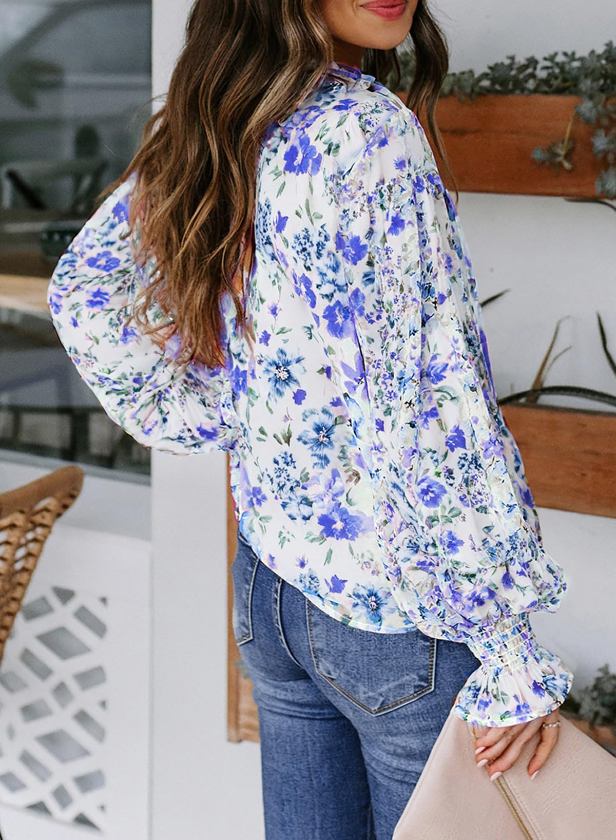 Biucly Women's Casual Boho Floral Print V Neck Long Sleeve Drawstring Tops Loose Blouses Button Down Shirts