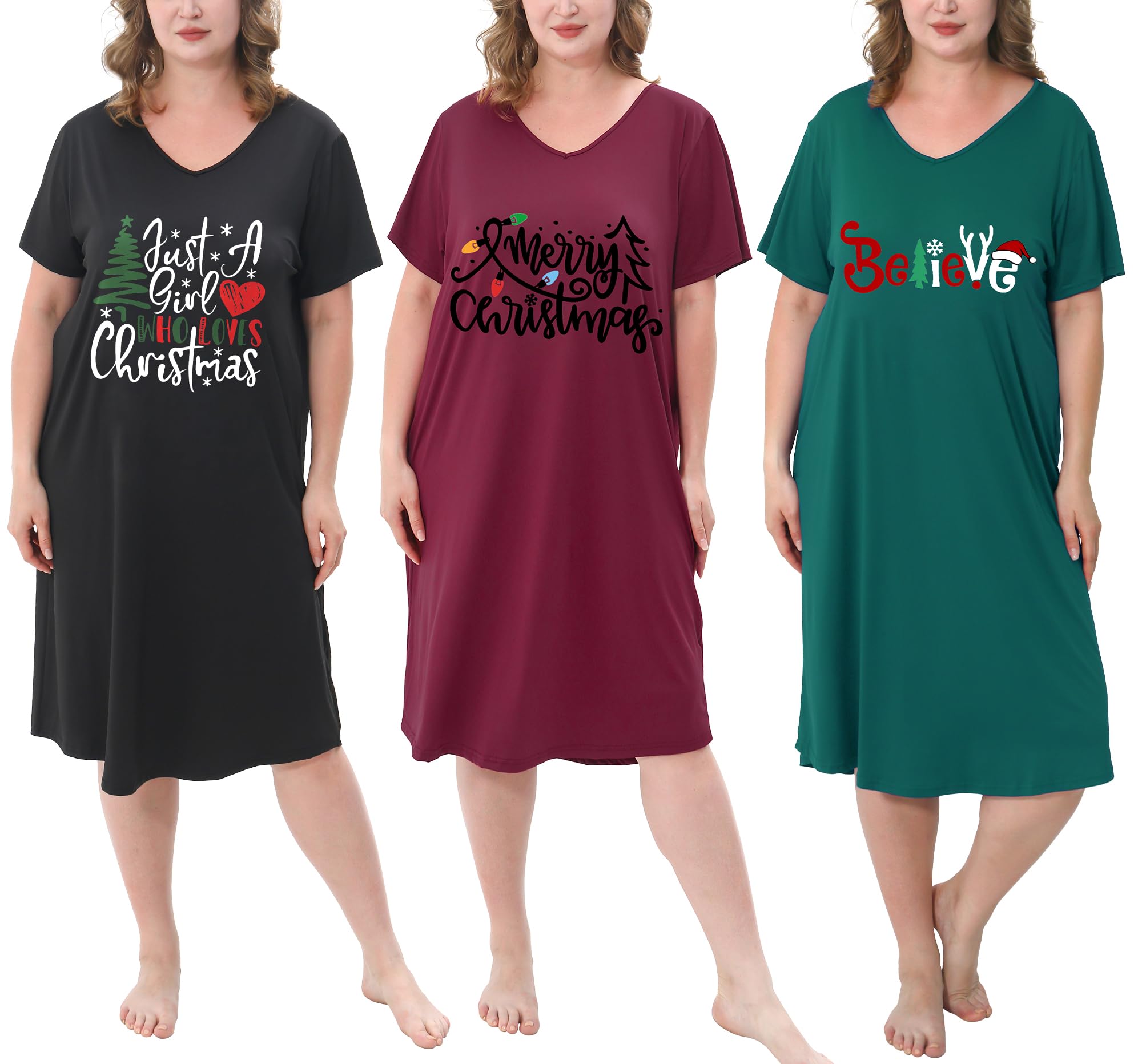 3 Pack Plus Size Women's Nightgown Soft Print Nightshirts for Women Short Sleeve Sleepwear