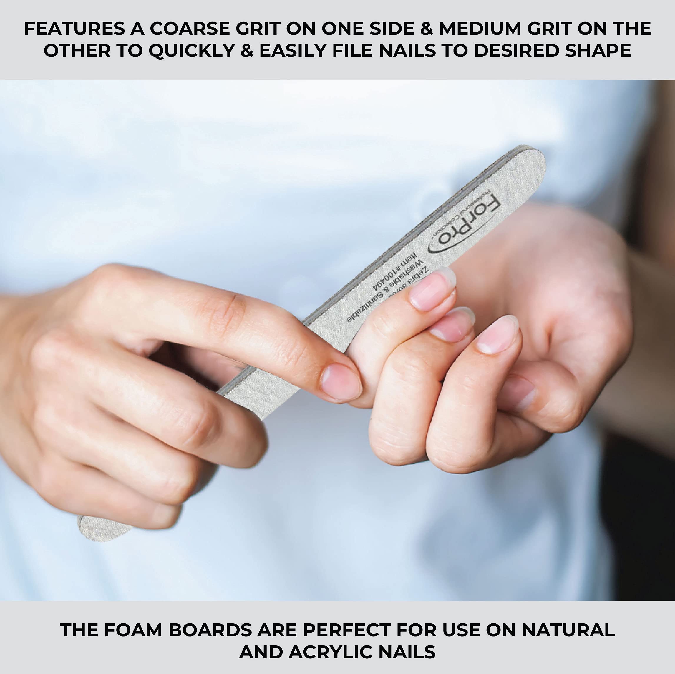 ForPro Professional Collection ForPro Zebra Foam Board, 80/80 Grit, Double-Sided Manicure Nail File, 7 inches L x .75 inches W, Black, 50 Count