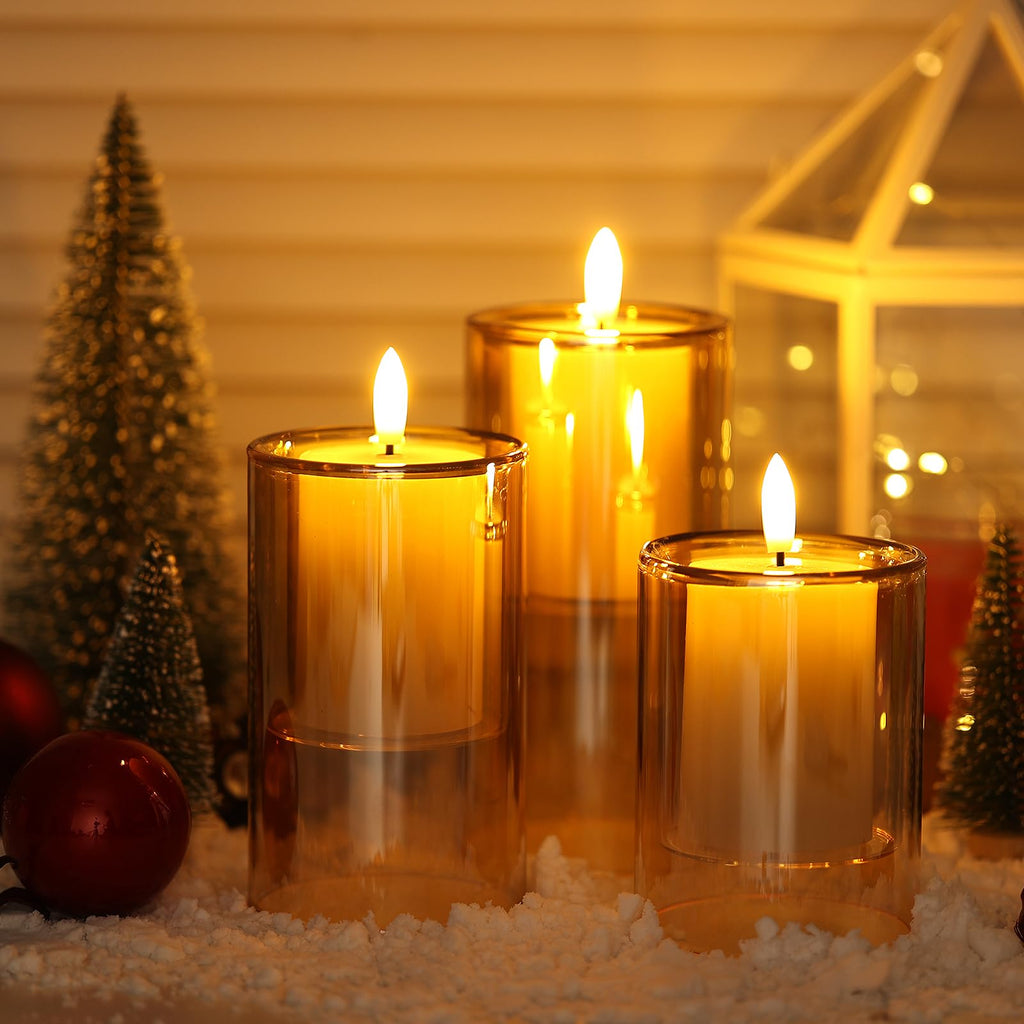 NURADA Flameless Candles with Remote Timer: 3D Wick Battery Operated Led Pillar Acrylic Fake Candle Set for Home Decoration Romantic Ambiance - Gold 2 Pack