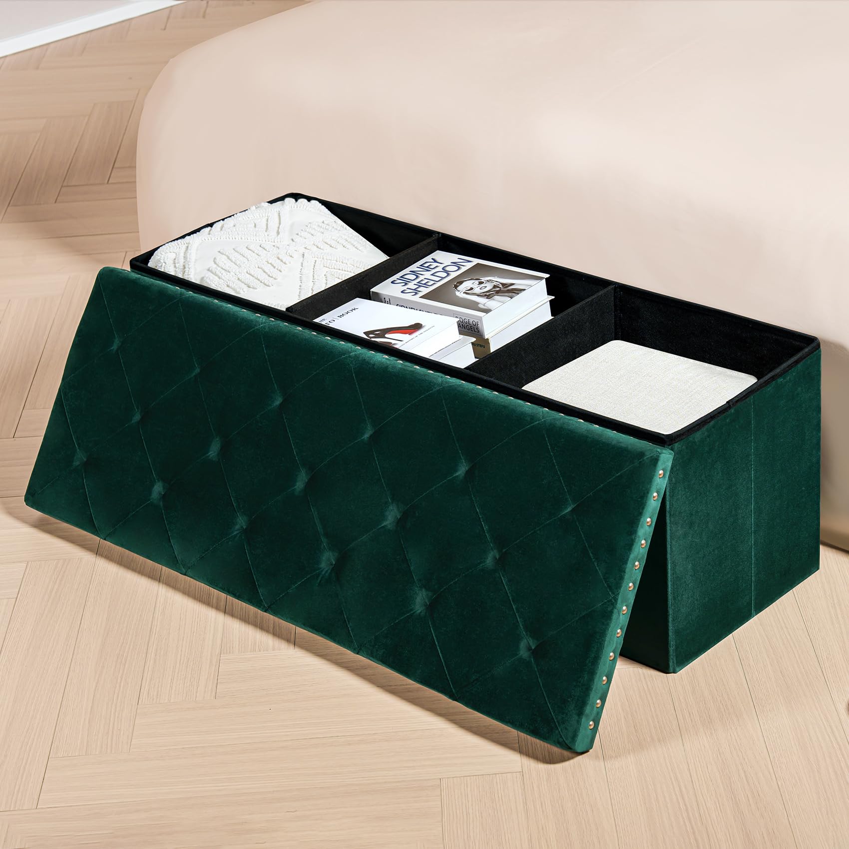 PINPLUS Folding Storage Ottoman Bench, Folding Velvet Tuffed Foot Rest Stool with Rivet, End of Bed Bench Large Long Shoes Chest for Bedroom Entryway Living Room, Beige, 41.3 Inches