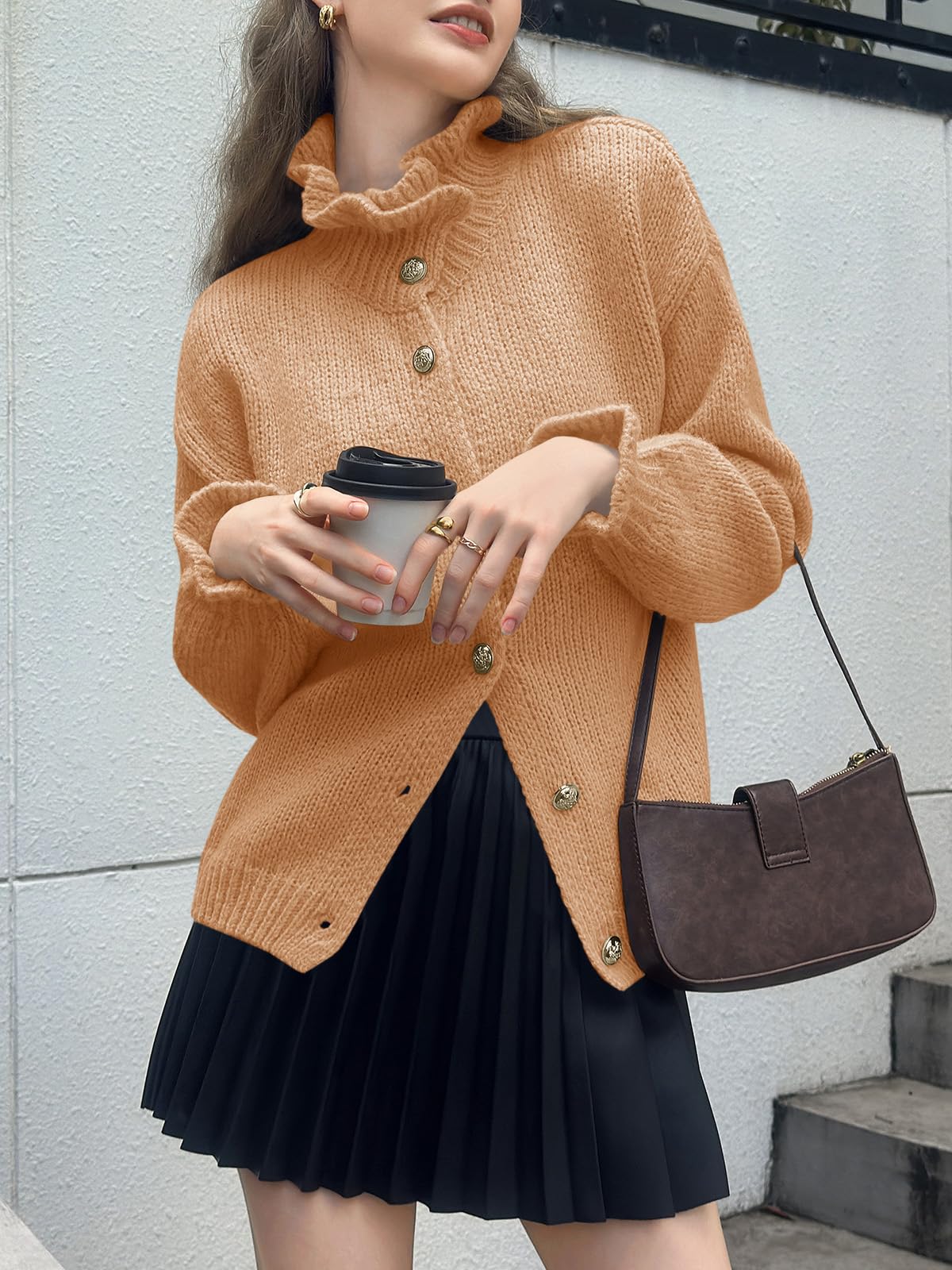 Saodimallsu Womens Ruffle Cardigan Oversized Button Up Fall Trendy Ribbed Knit Open Front Long Sleeve Loose Cute Sweater