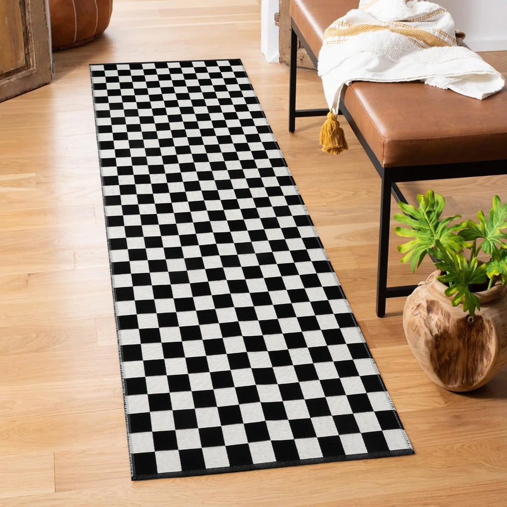 Seavish Checkered Rug, 2x3 Ft Black and White Moroccan Checkerboard Rug Washable Cotton Woven Washable Outdoor Rugs Reversible Floor Mat for Front Door Bedroom Entryway Kitchen Entryway
