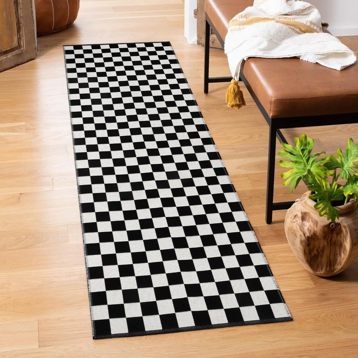Seavish Checkered Rug, 2x3 Ft Black and White Moroccan Checkerboard Rug Washable Cotton Woven Washable Outdoor Rugs Reversible Floor Mat for Front Door Bedroom Entryway Kitchen Entryway