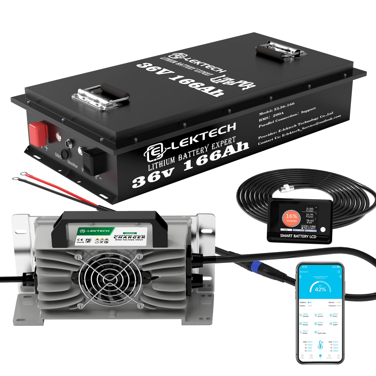 36V 100Ah LiFePO4 Lithium Golf Cart Battery with Charger, Built-in Smart 200A BMS, with Touch Monitor, Perfect for Golf Carts, Off-grid