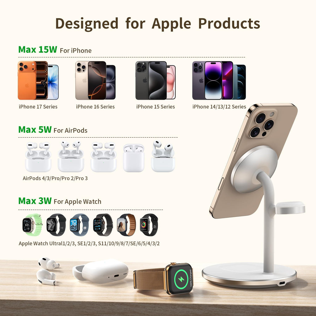 XooFly 3 in 1 Wireless Charging Station for Apple Devices, Fast Wireless Mag-Safe Charger Stand with 20W Adapter for iPhone 17/16 15 14 13 12 Pro Max/Pro/Plus/Air/Mini, iWatch, AirPods (Black)