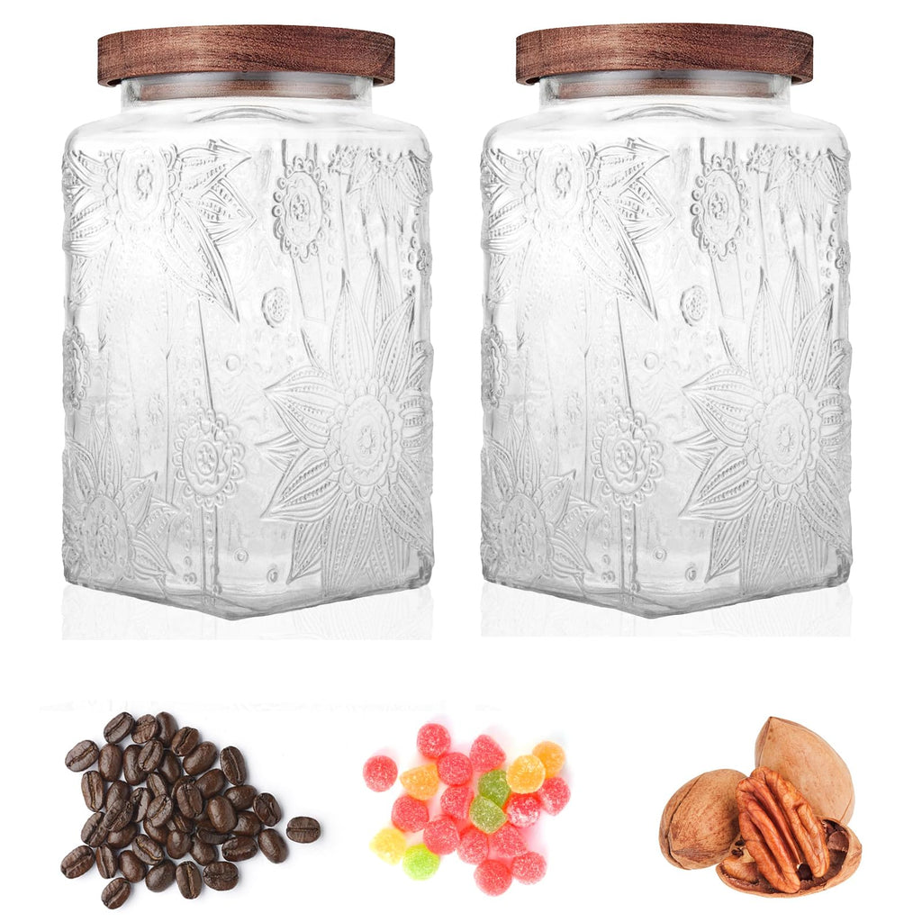 Custde Glass Storage Jars With Airtight Lid, 23.7oz Container For Kitchen Counter with Wooden Lid, brown sugar, candy, coffee, cookie, salt, tea, cute Jar (35oz Large Begonia Flowers)
