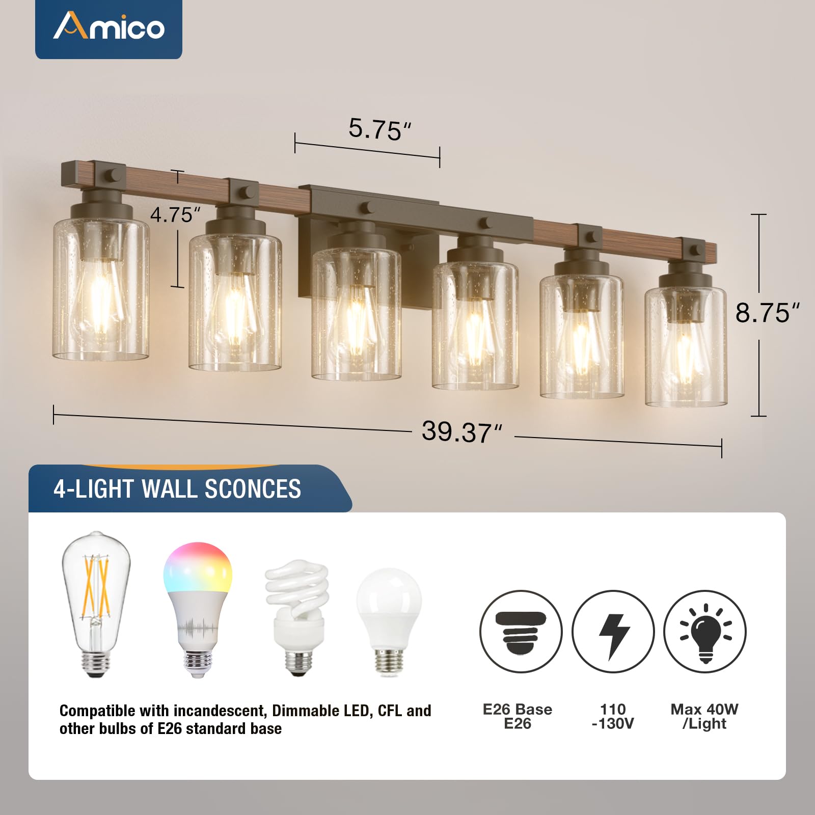 Amico 3-Light Farmhouse Vanity Light Fixture, Rustic Wood Bathroom Light Fixtures, Industrial Vintage Black Wall Sconces Lights with Bubble Glass Shade for Mirror, Bedroom, Living Room, Hallway
