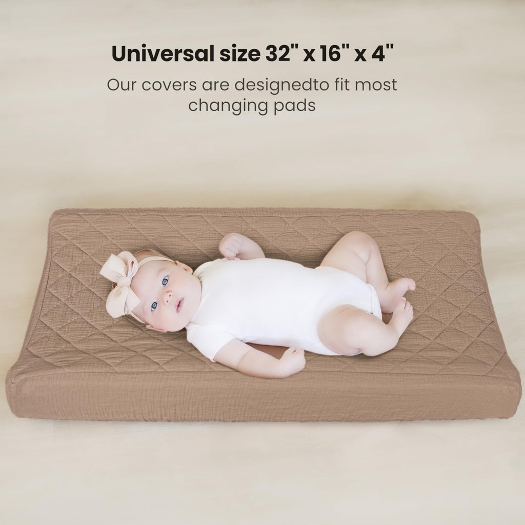 Konssy Waterproof Muslin Changing Pad Cover 2 Pack, Quilted Cotton Fitted Diaper Chang Table Cover, Soft Changing Pad Sheets for Girls Boys (Blossom,Pink)