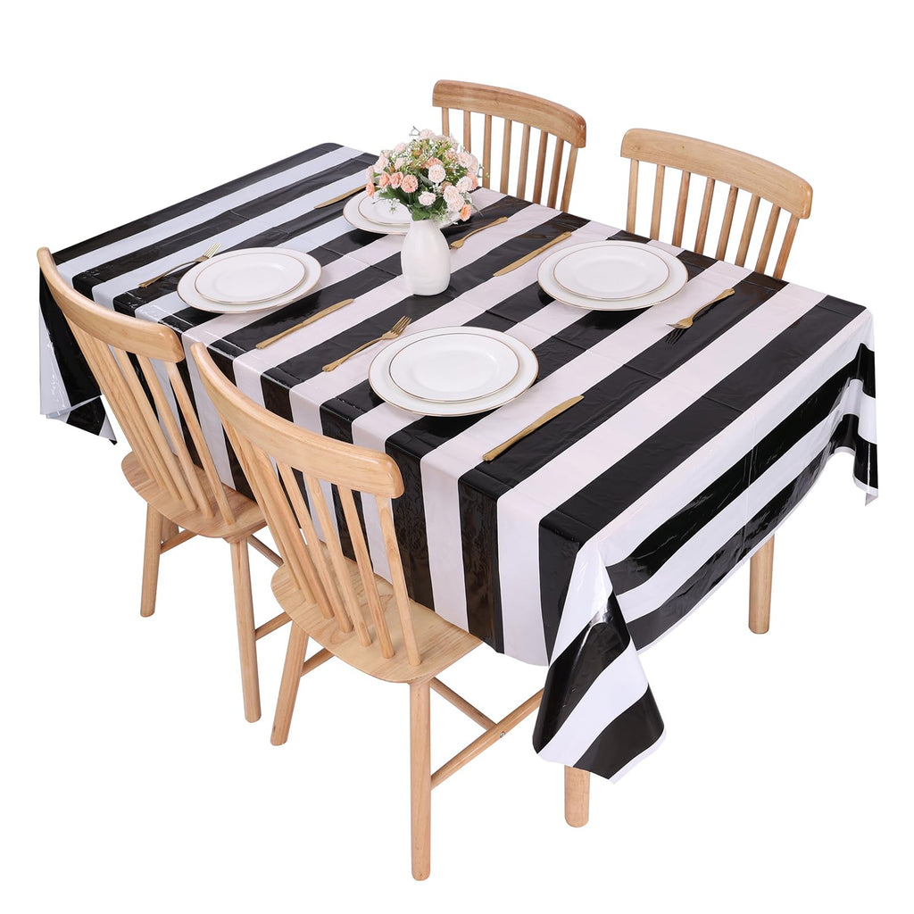 Kesfey 3 Packs Black and White Horizontal Striped Table Cloth 54 x 108 Inch Classic Black Stripe Tablecloths Disposable Plastic Stripe Table Covers Waterproof Picnic Tablecover for Halloween Party