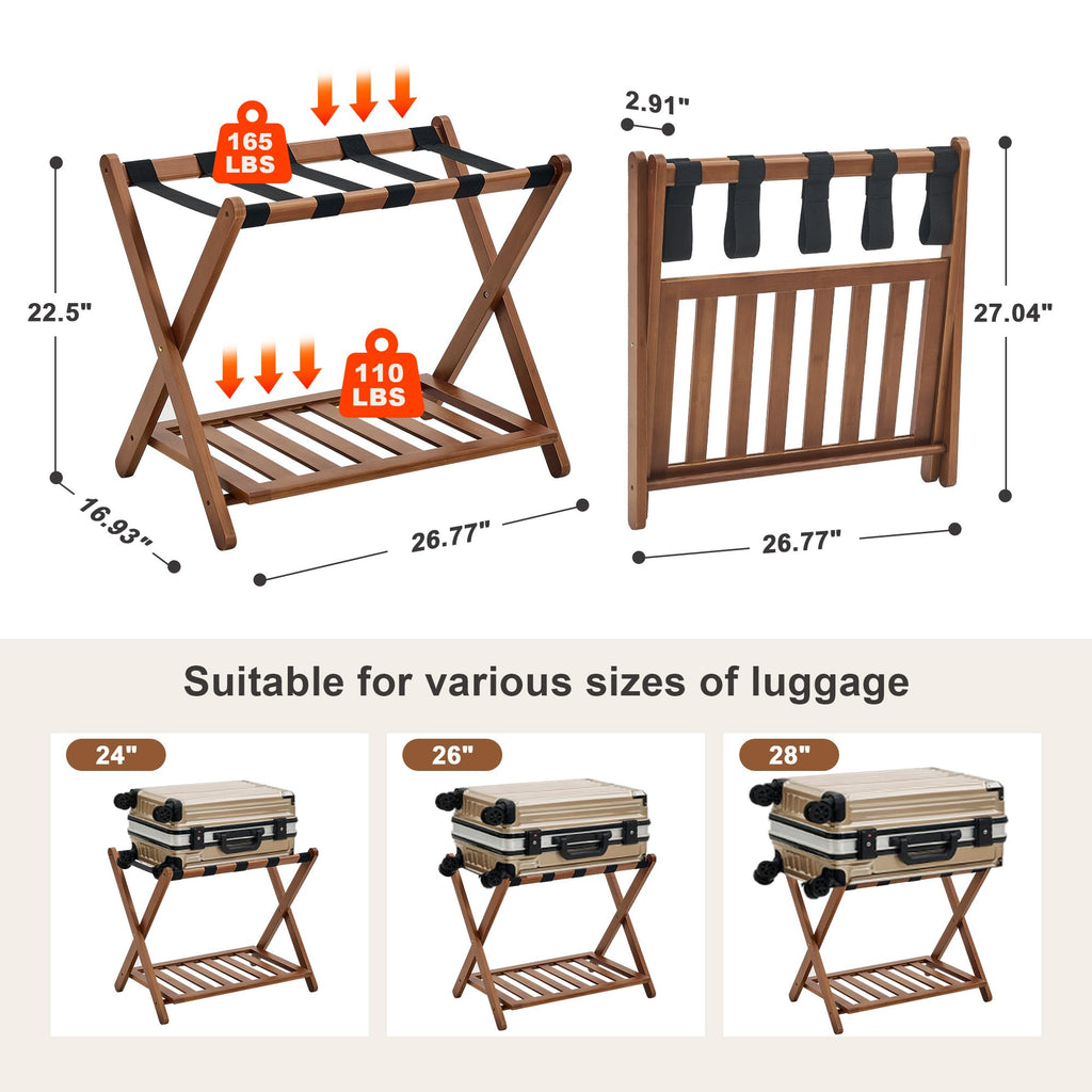 oakvivo Fully Assembled Black Luggage Rack for Guest Room, Bamboo Foldable Suitcase Stand with 5 Nylon Straps, Upgraded Luggage Rack Holder with Shelf for Bedroom Hotel, Holds up to 165 Lbs, 1pcs