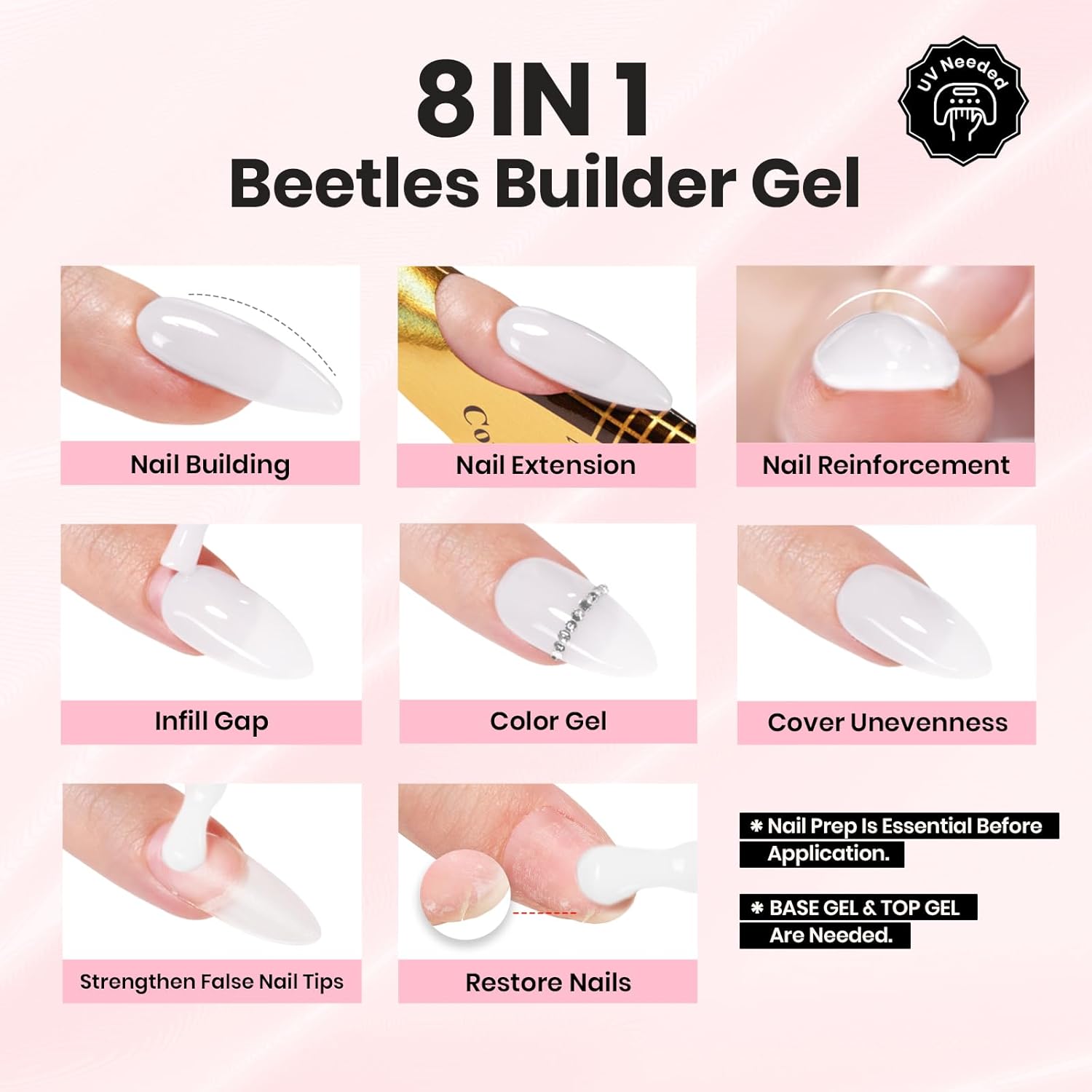 Beetles 2Pcs 15ml Gel Base and Top Coat Set - Upgrade No Wipe Extra Glossy Top Coat Finish for Gel Nail Polish, Soak Off UV/LED Lamp Needed, Essentials for Long-Lasting Manicure Kit