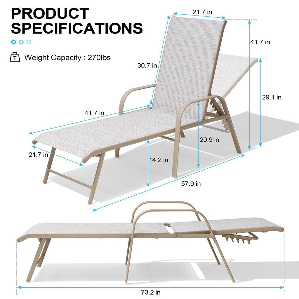 Crestlive Products Chaise Lounge Chair Outdoor with Armrests, Pool Lounge Chairs Set of 2, Aluminum Adjustable 5 Positions Sun Tanning Lounger for Patio, Poolside, Yard, Deck, Backyard (Beige)