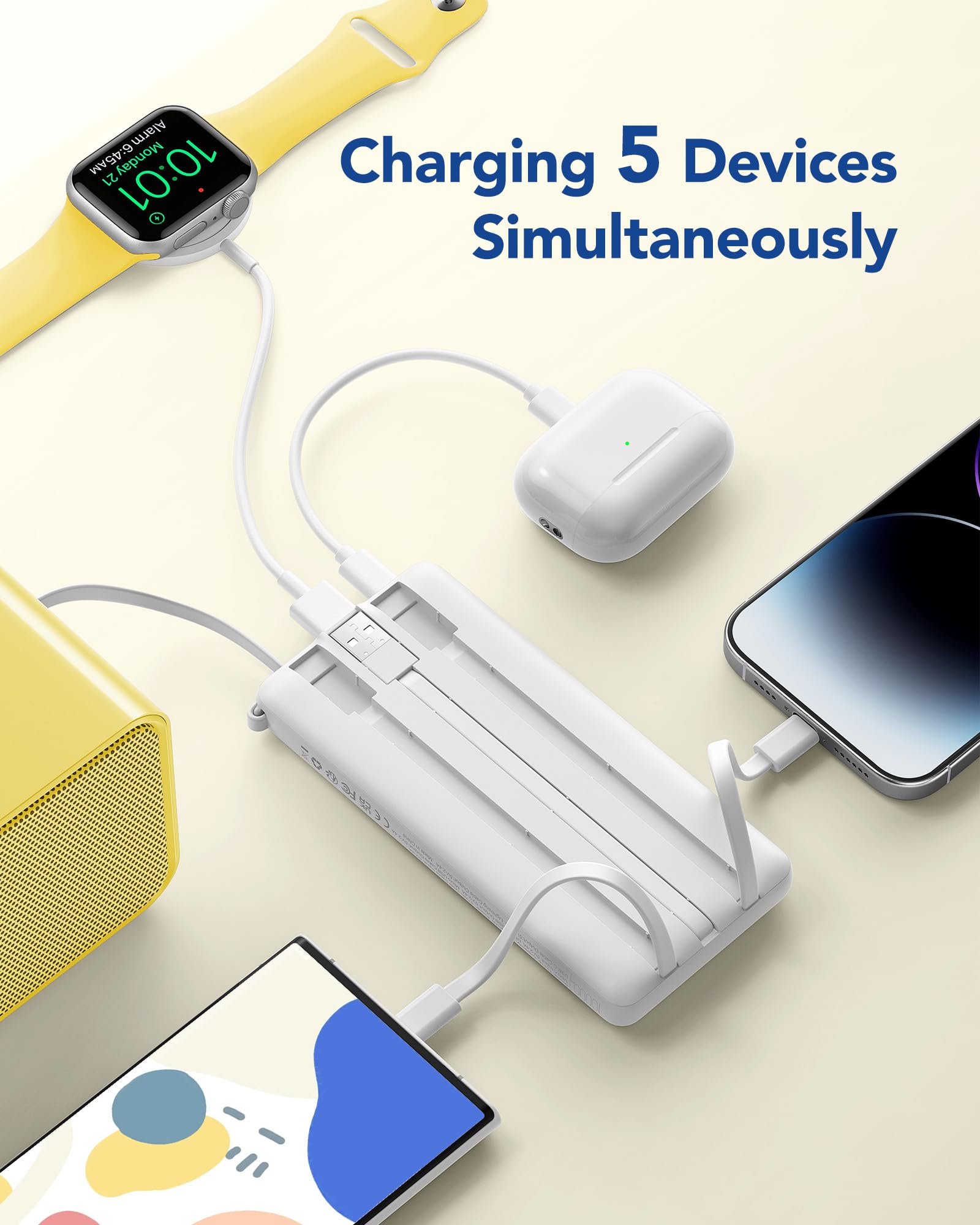 VRURC Portable Charger Power Bank, USB C Battery Pack 10000mAh, Flight-Safe Travel Essentials, 5 Outputs 2 Inputs Slim Phone Charging Bank Built-in Cables for Multi Devices-Lavender(1 Pack)
