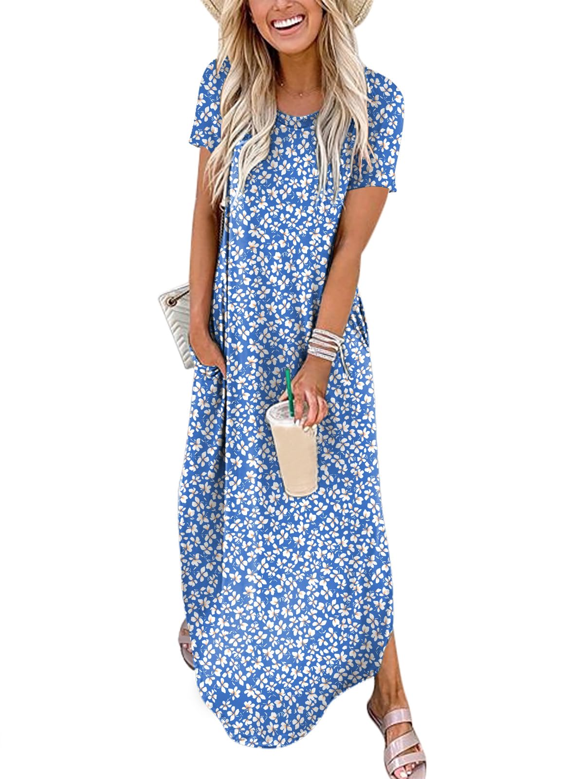ANRABESS Womens Summer Maxi Dress Short Sleeve Casual Loose Long T Shirt Dresses Split Vacation Beach Sundress Travel Outfits