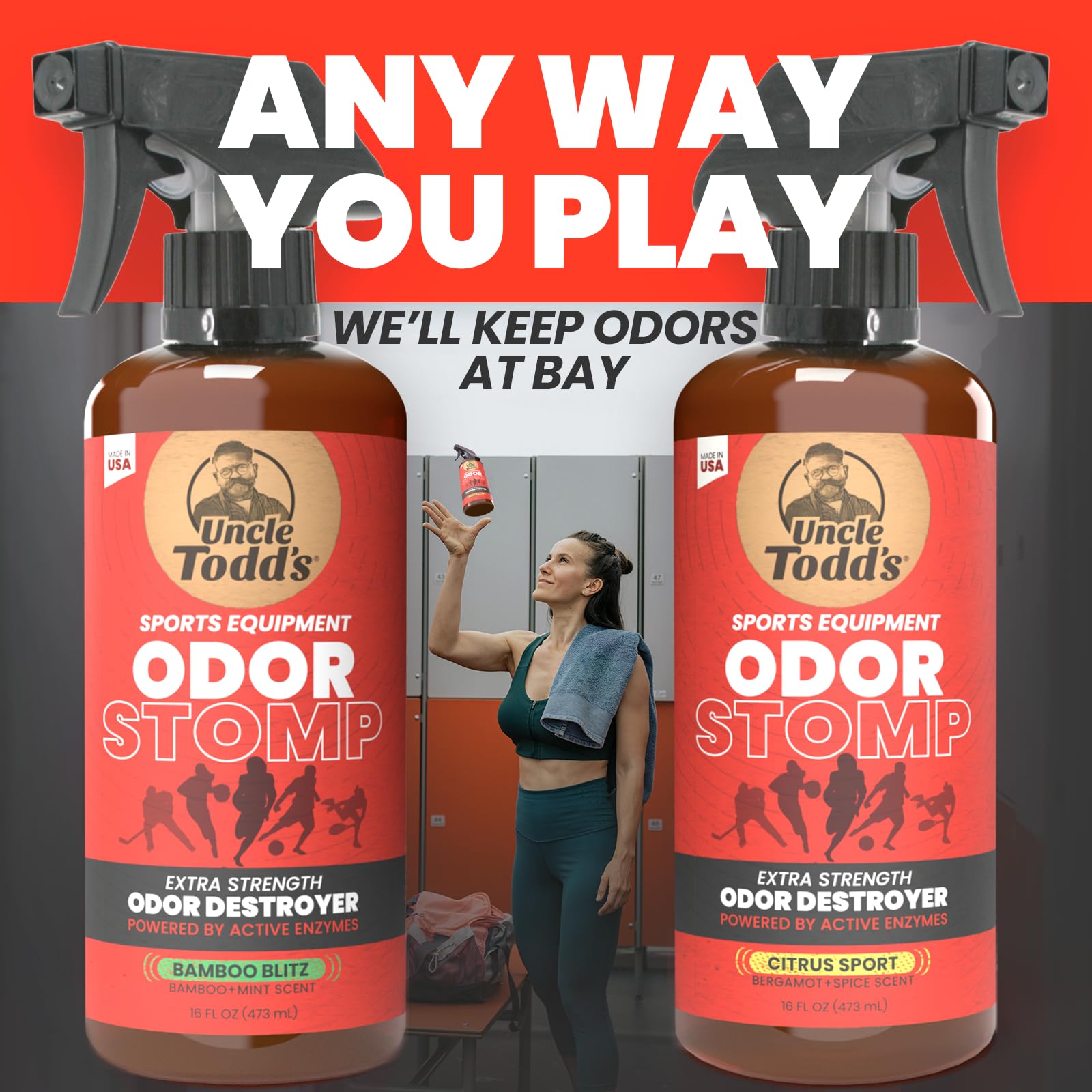 Uncle Todd’s Odor Stomp Sports Equipment Odor Eliminator Spray - Extra Strength Enzyme-Powered Deodorizer for Football, Hockey, Gym Bags, and Athletic Gear - Bamboo Blitz Scent - 16 oz