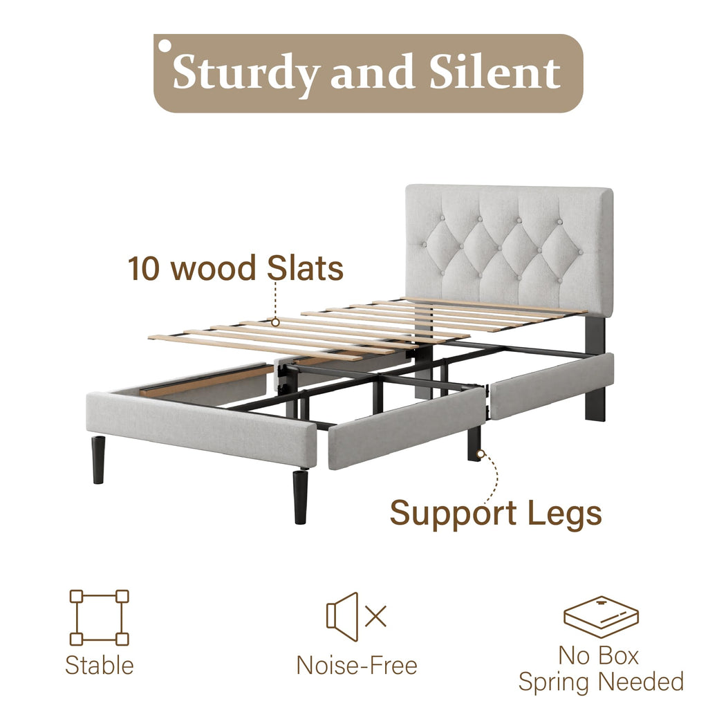 CXVX Full Size Platform Bed Frame with Upholstered Headboard, Button Tufted Design, Strong Wooden Slats, No Box Spring Needed, Easy Assembly, Noise Free