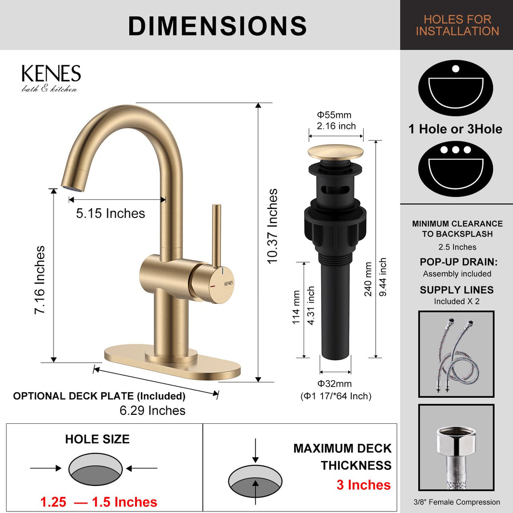 KENES Black and Gold Single Handle Bathroom Sink Faucet, Modern Prep Wet Bar Sink Faucet with Drain Assembly & Deck Plate, Vanity Faucets for Farmhouse RV Camper Utility, KE-9005B-BG