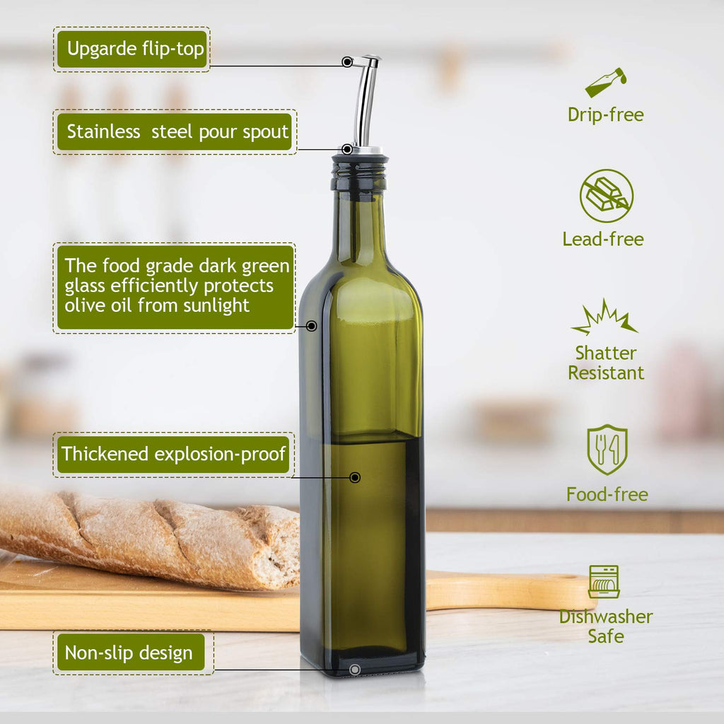 AOZITA [2 PACK 17 oz Glass Olive Oil Dispenser Bottle Set - 500ml Dark Green Oil & Vinegar Cruet Bottle with Pourers, Funnel and Labels - Olive Oil Carafe Decanter for Kitchen