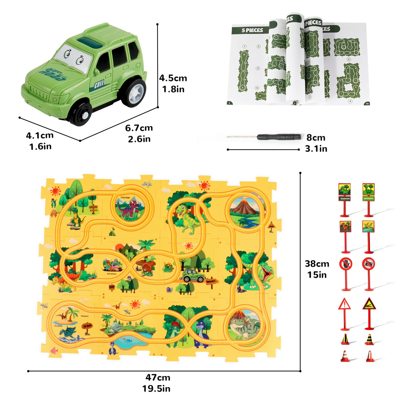 Puzzle Track Car Play Set with 12 Dinosaur Figures, Plastic Railcar Floor Puzzles for Kids Ages 3-5 with Vehicles, Toys Gifts for 3 4 5 6 Year Old Boys