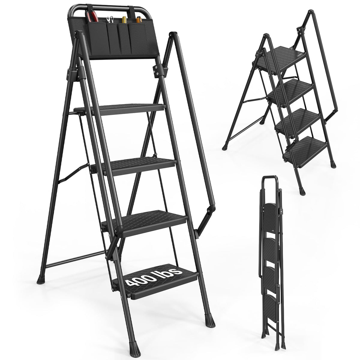 LUISLADDERS 3 Step Ladder with Handrails, Folding Step Stool with Widened Anti-Slip Pedal, 500lbs Lightweight Step Ladder 3 Step Folding, Multi-use for Home Kitchen Pantry Office, Black