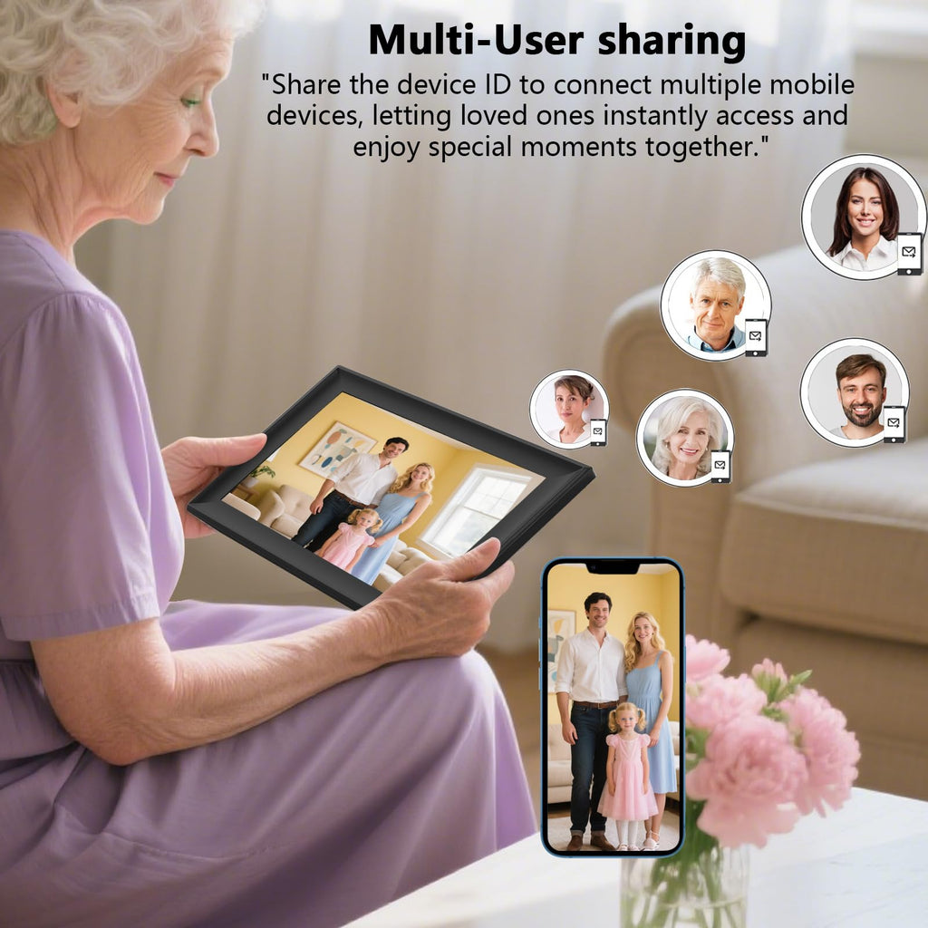 SSAWiFiFRAME Digital Picture Frame 10.1 inch WiFi Smart Photo Frame,1280 * 800 IPS Touchscreen Auto-Rotate, Built in 32GB Memory, 50 Photos /200MB Video Sharing via Free APP，Gift for Women/Mom