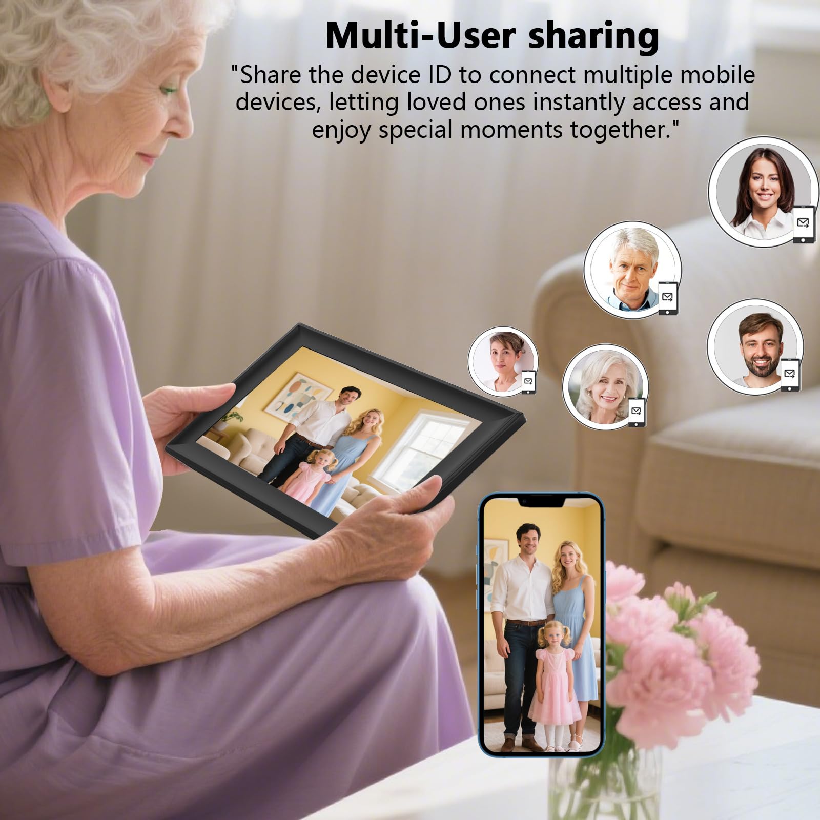 SSAWiFiFRAME Digital Picture Frame 10.1 inch WiFi Smart Photo Frame,1280 * 800 IPS Touchscreen Auto-Rotate, Built in 32GB Memory, 50 Photos /200MB Video Sharing via Free APP，Gift for Women/Mom