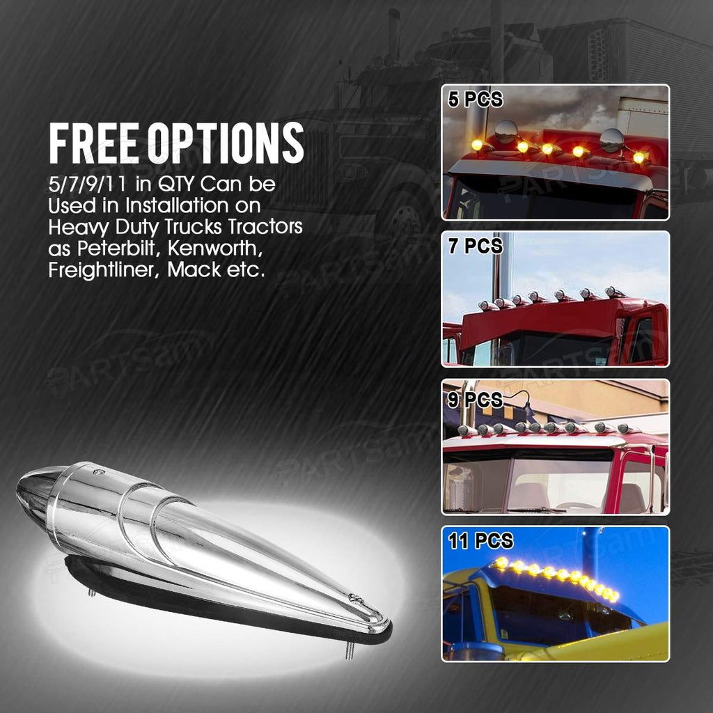 Partsam 5PCS 17 LED Amber Torpedo Cab Marker Roof Running Top Lights Assembly Super Bright Chrome Heavy Duty Trucks Replacement for International Kenworth/Peterbilt/Freightliner/Mack,DOT Compliant
